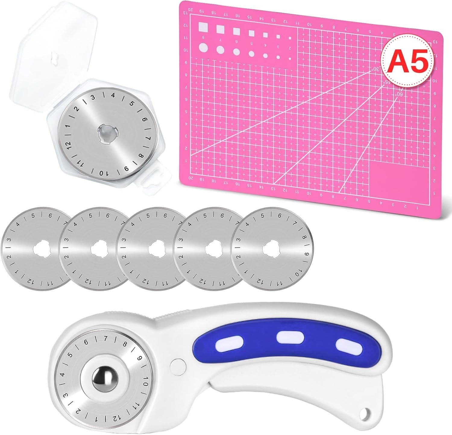 ZMAAGG Rotary Cutter Set – 45mm Rotary Cutter, 5 PCS Rotary Blades, A5 Cutting Mat, Rotary Cutter for Fabric, Crafting, Sewing and Patchworking