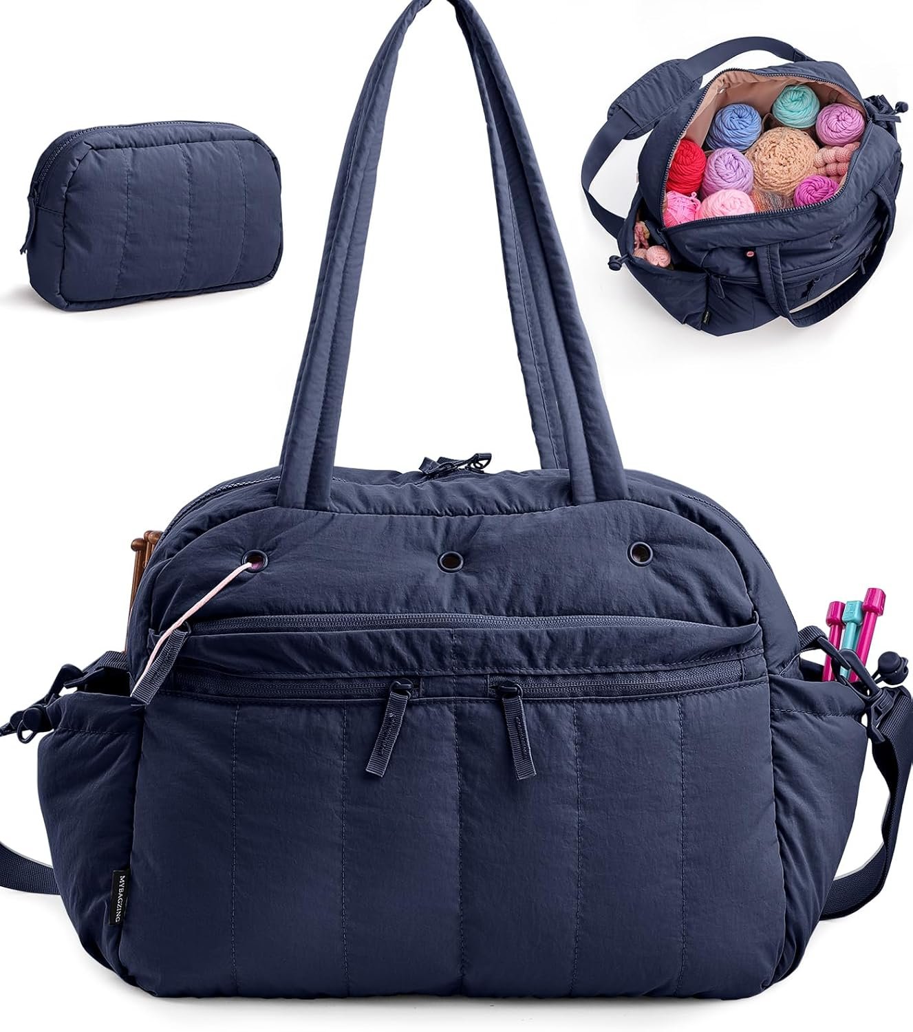MYBAGZING Stylish Crochet Bag Organizer with Crochet Hook Case, Large Capacity Yarn Bag for Crocheting on the Go, Soft Quilted Crochet Tote with 7 Compartments, Knitting Project Carry-On Travel Gift