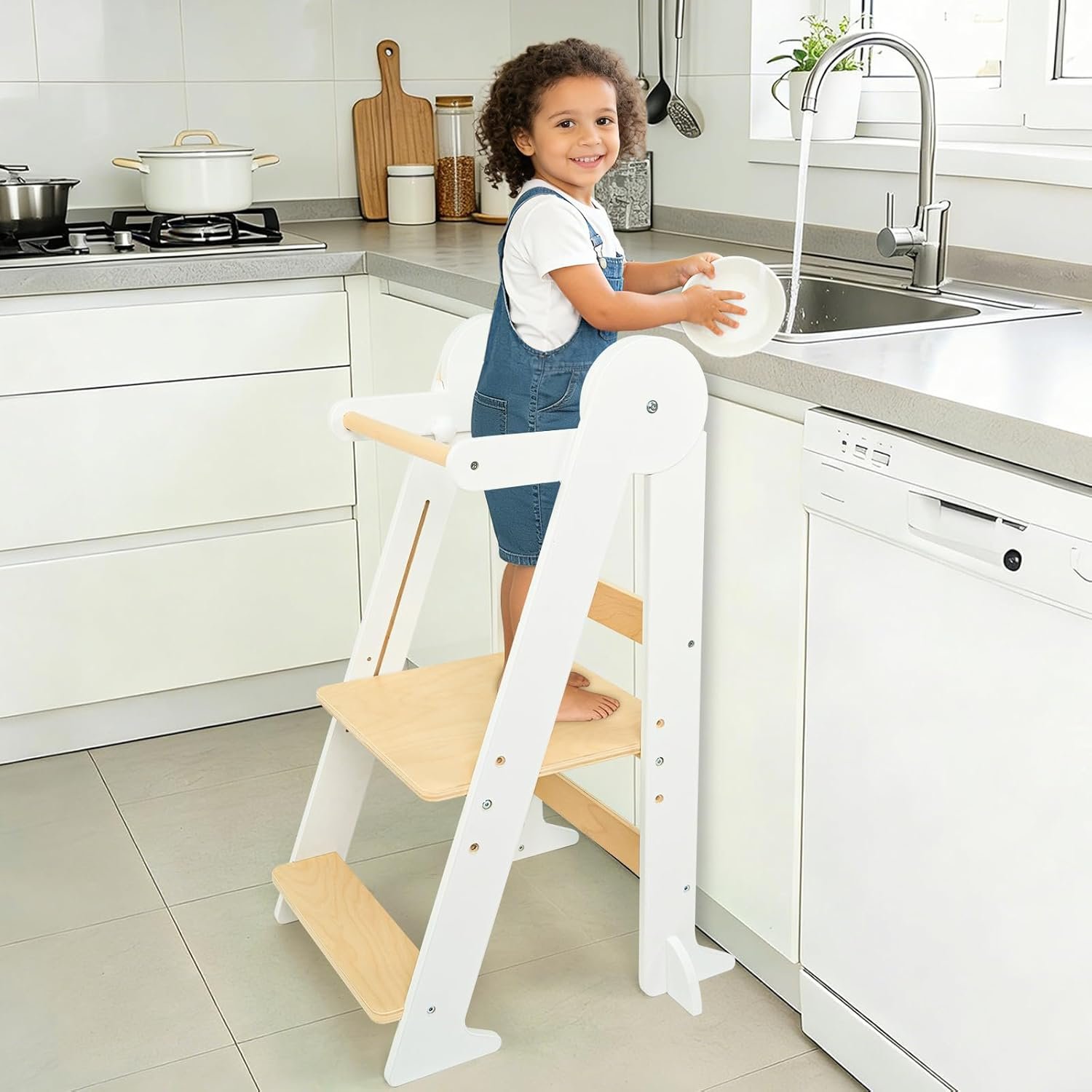 Foldable Toddler Learning Standing Tower, Kitchen Tower for Kid with 3 Adjustable Heights, Montessori Toddler Standing Tower for Kitchen Counter and Bathroom Sink (White)
