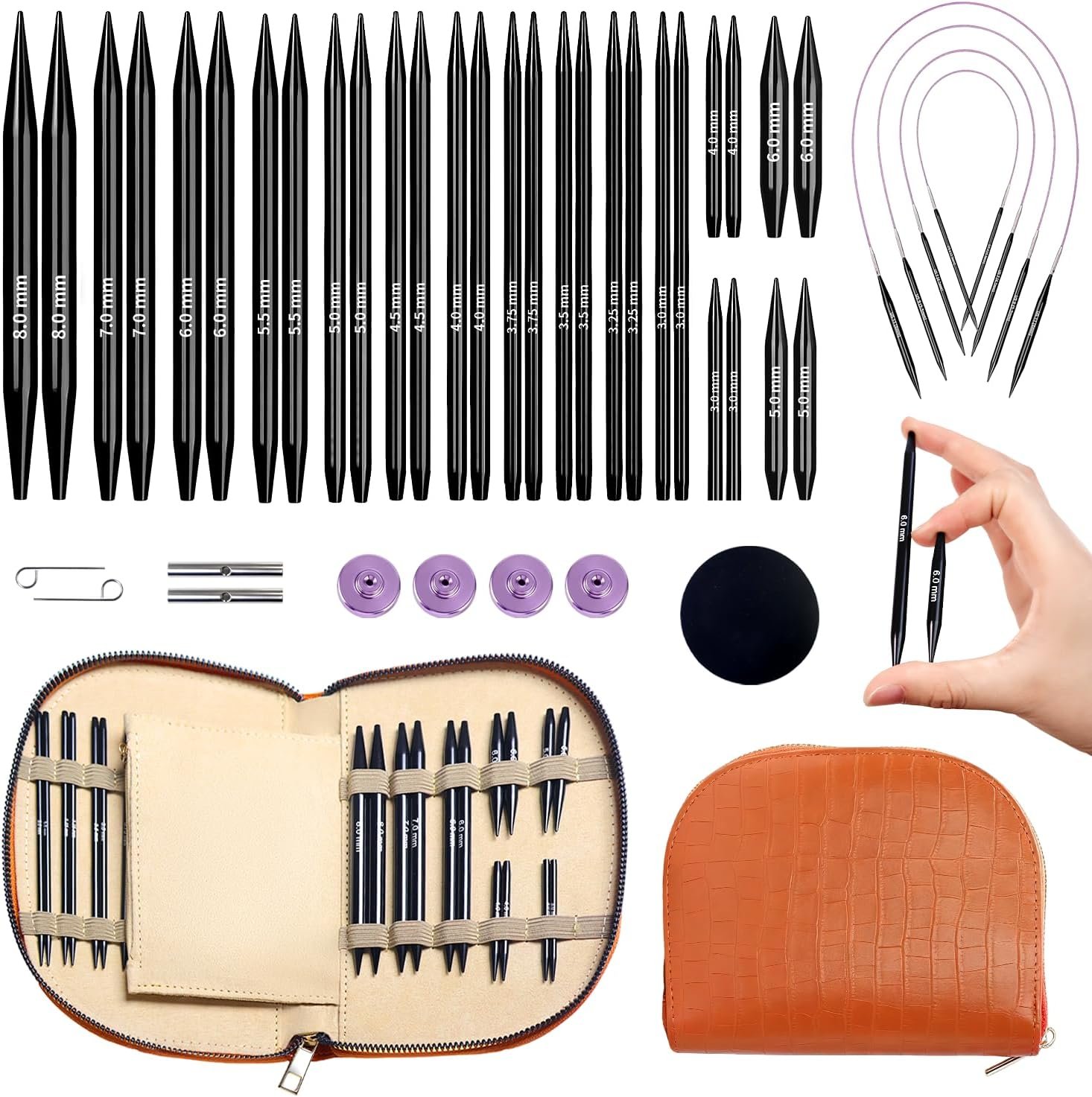 Yarniss 15 Pairs Circular Knitting Needle Combo, 4.5-Inch Round Knitting Needle 3.0~8.0mm, 2.16-Inch Shorties Needles US Size 2.5-10, Interchangeable Aluminum Cable Needles with Case