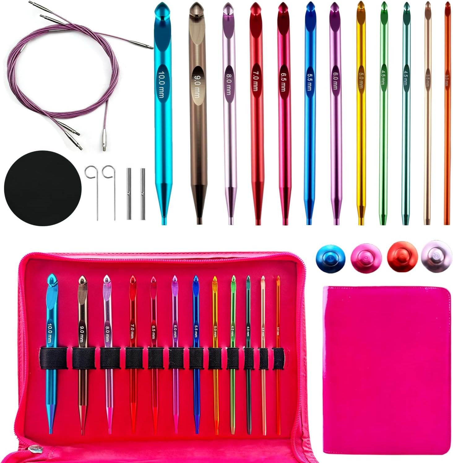 12 Size Tunisian Crochet Hook Set with Cable Aluminum Interchangeable Crochet Hooks Long Crochet Hook Inline Crochet Hooks 3mm-10mm,Comfortable to use/Lightweight