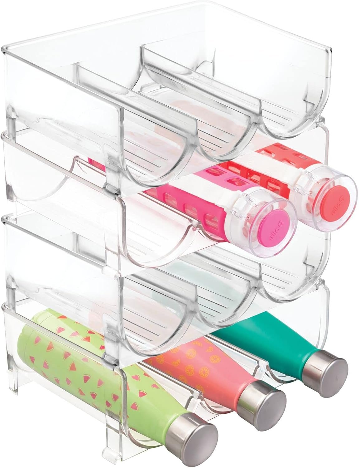 mDesign Plastic Free-Standing Stackable 3 Bottle Storage Holder Rack – Water, Wine, and Drink Organizer Shelf for Kitchen Countertop, Cabinet, Pantry, Fridge, Freezer, 4 Pack – Clear