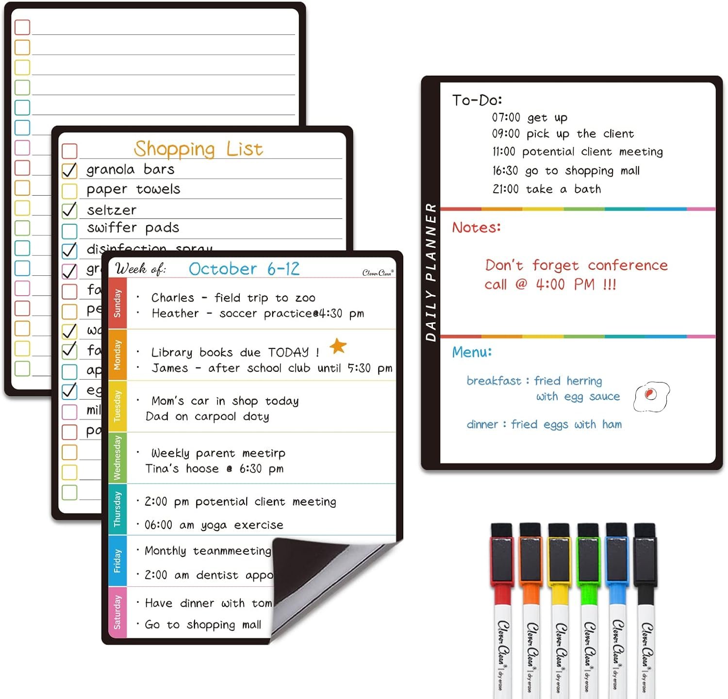 Magnetic Dry Erase List Board – 6.5″x8.5″ Weekly, Daily, 2 List Boards for Fridge – 6 Extra Fine Point Markers Included – Shipped Flat