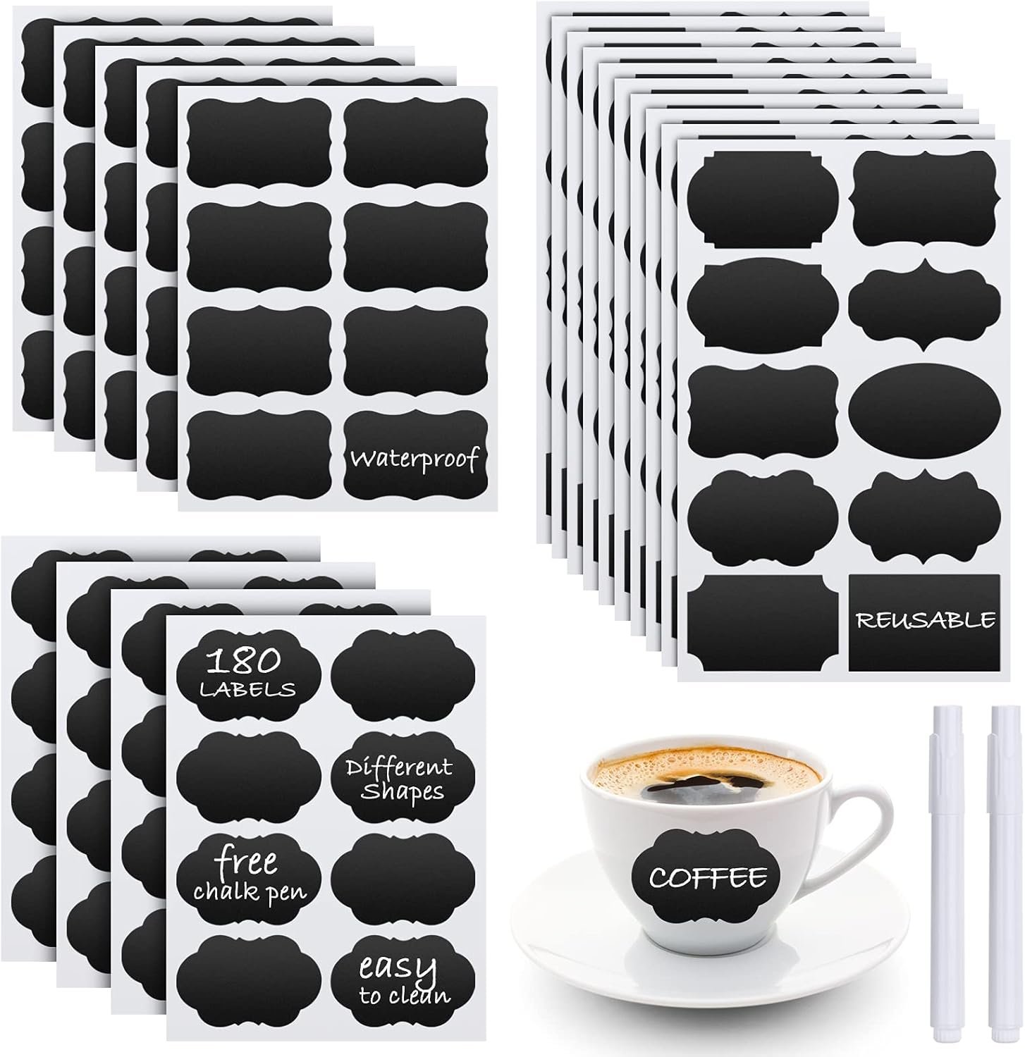 Chalkboard Labels – 180pcs Waterproof Reusable Blackboard Stickers with 2 Free Erasable White Chalk Marker, Mini Decorative Chalk Labels for Jars Containers Kitchen Home Pantry Office