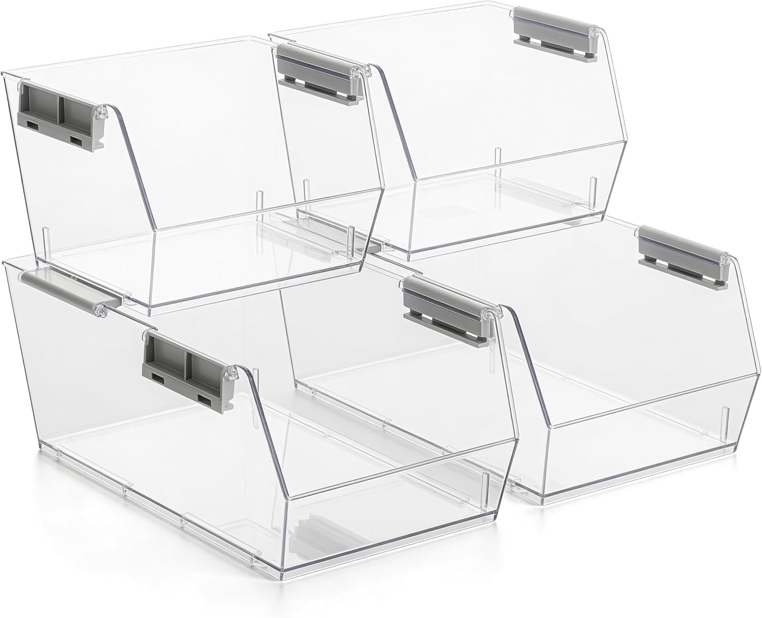 HOMESTEAD Set of 4 Stackable Storage Bins, 2 Large + 2 Small Clear Plastic Organizer Bins, Open Front Design for Kitchen Pantry, Fridge, Cabinet, Bathroom Organization and Snack Storage