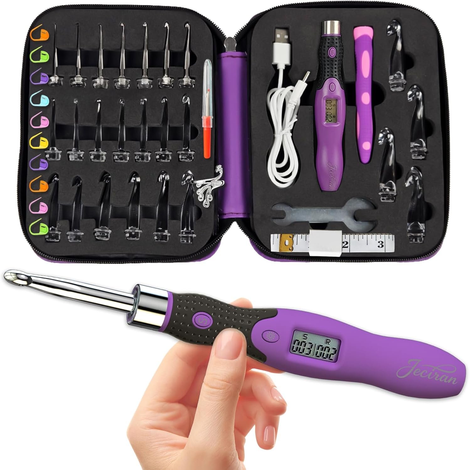 Upgraded Counting Crochet Hook Set – 24-in-1 Interchangeable Hooks Kit – Light Up, Digital Stitch & Row Counter- No Need to Move Fingers- Ergonomic for Arthritic Hands – Cool Gift