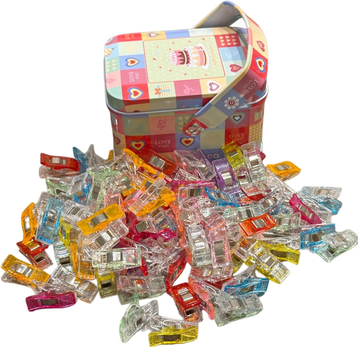 Sewing Clips 100 PCS with Tin Box, Assorted Fabric Clips for Quilting, Binding, Sewing Supplies and Quilting Supplies, Fabric Craft Clips, Alternative to Sewing Pins and Quilting Pins