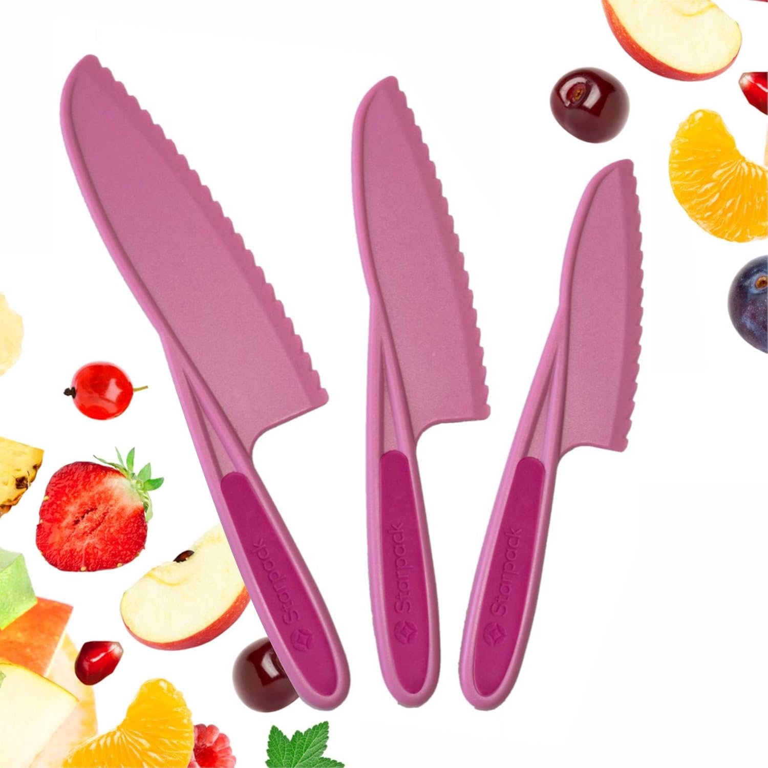 Starpack ‘Finger Loving’ Kid Safe Kitchen Knife Set of 3 – Kids Knife Set for Real Cooking – Serrated Edges Toddler Knife Sets for 3+ Year Olds – Montessori Knife Sets – BPA-Free Nylon Knives for Kids