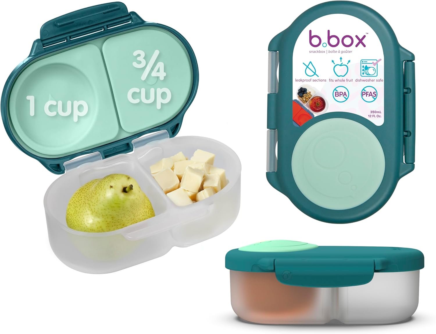 b.box Snack Box – Leakproof Mini Bento Box for Kids & Toddlers, 2 Compartment Snack Containers for Kids, Lunch Containers, Dishwasher Safe, BPA Free, PFAS Free, Ages 4m+, 1 3/4 Cup – Emerald Forest