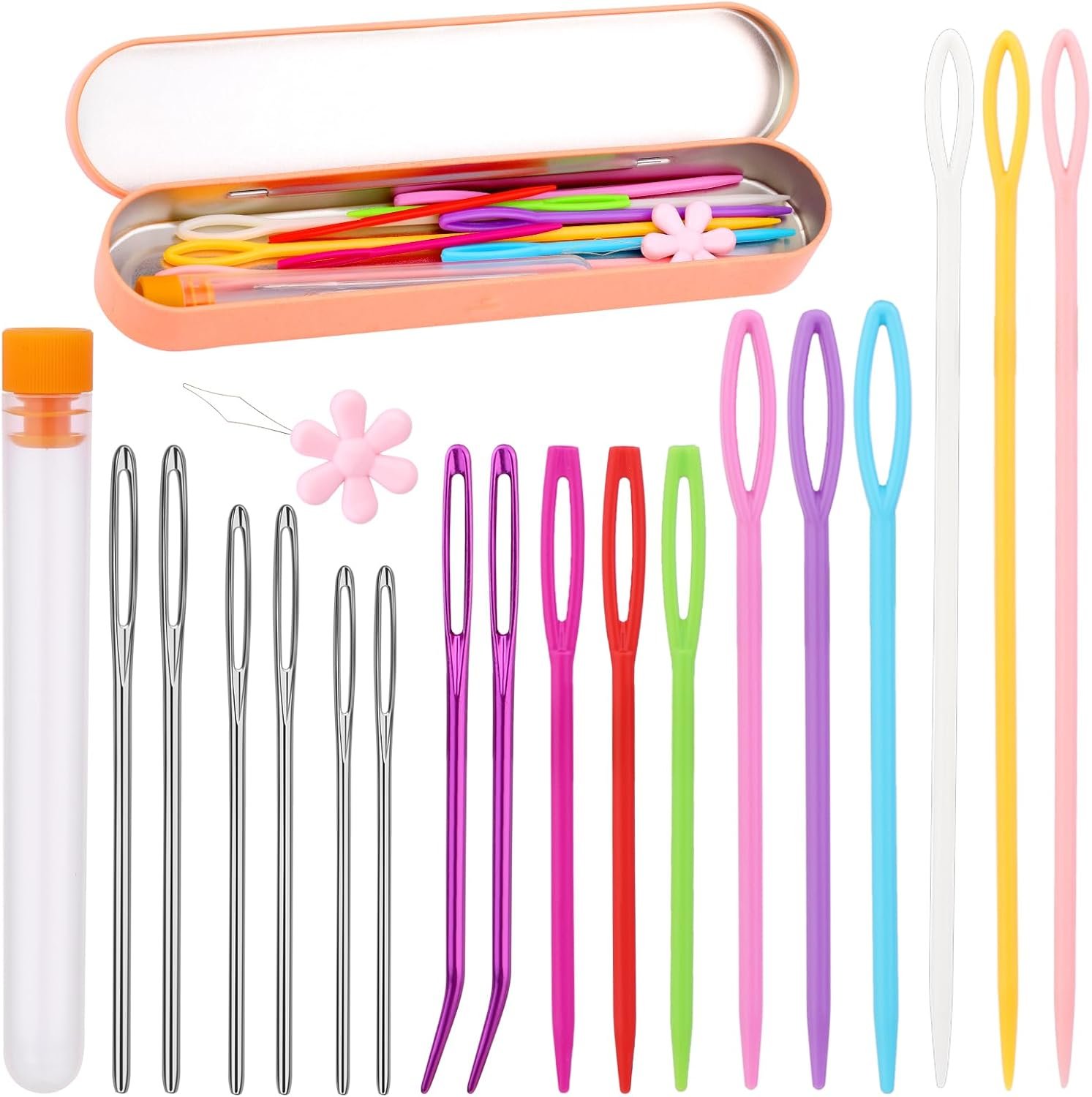 Yarn Needle Set, Bent Tapestry Needles, Plastic Large Eye Sewing Needles, Large-Eye Blunt Needles Crafting Knitting Stringing Needles with Storage Box and Needle Threader for Knitting Crochet
