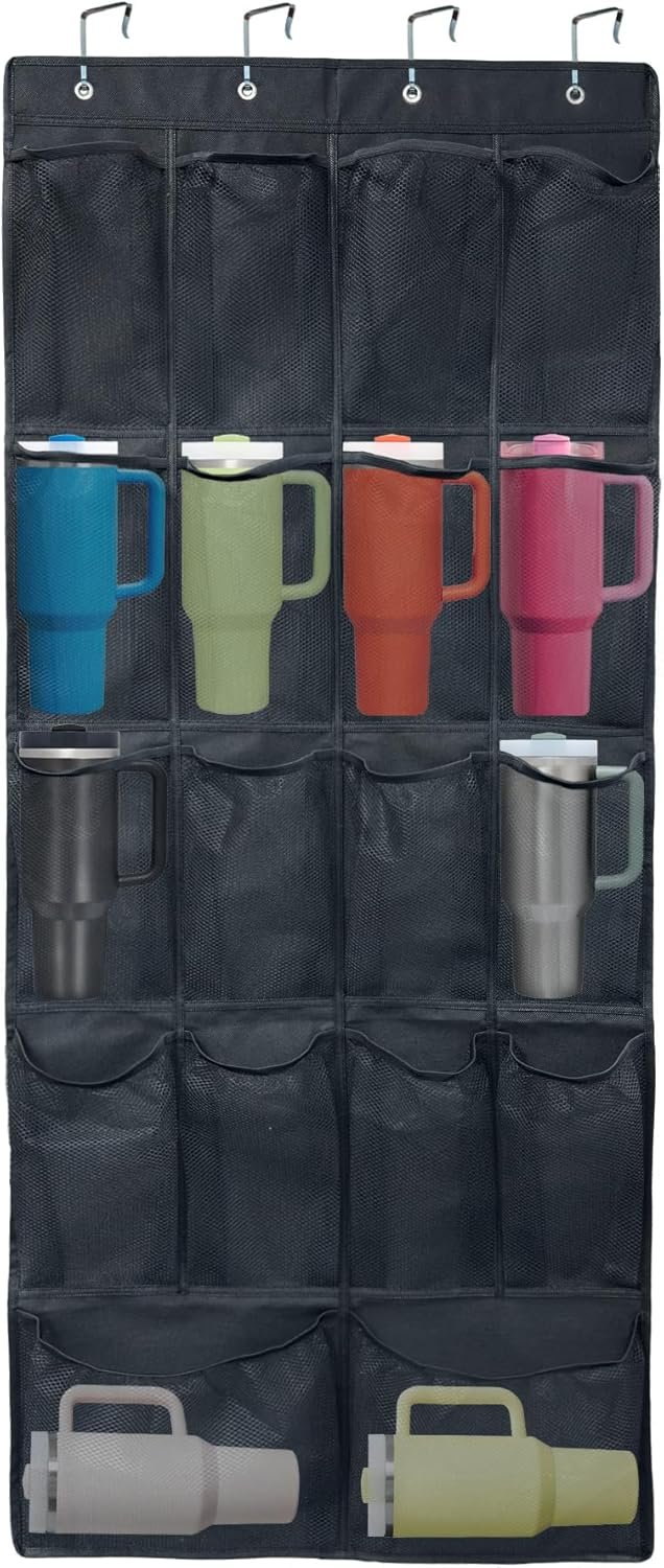 18 Pockets Door Hanging Water Bottle Organizer Rack, Mesh Large Capacity Storage Cups Holder Compatible with Most Tumblers, Classroom Office Kitchen