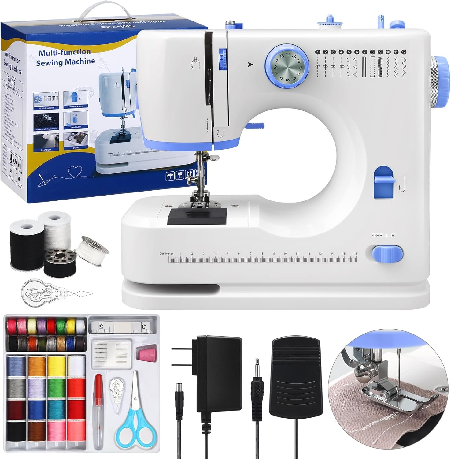 Portable Tabletop Beginner Mini Sewing Machine with 32 PCS Threads Kit for Home Use,12 Built-In Stitches Multifunctional Sewing with Foot Pedal Small Sewing Quilting Machine for Beginners Kids Adults