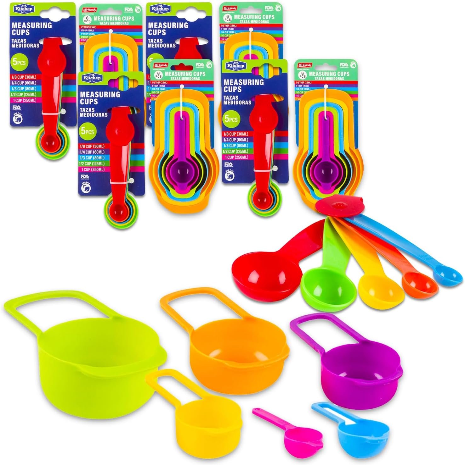 OLC bulk measuring cup and spoon set, multicolor, 44-piece bundle with 4-pack stackable spoons and 4-pack nesting cups, for cooking class and home use