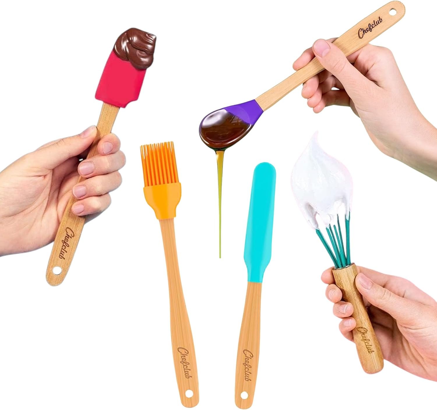 Chefclub Kids Montessori Cooking 5-Piece Utensils Set Heat Resistant Non Stick Silicone for Kids & Beginner Kitchen & Cookware Gadgets – Mixing, Whisking, Baking, Brushing