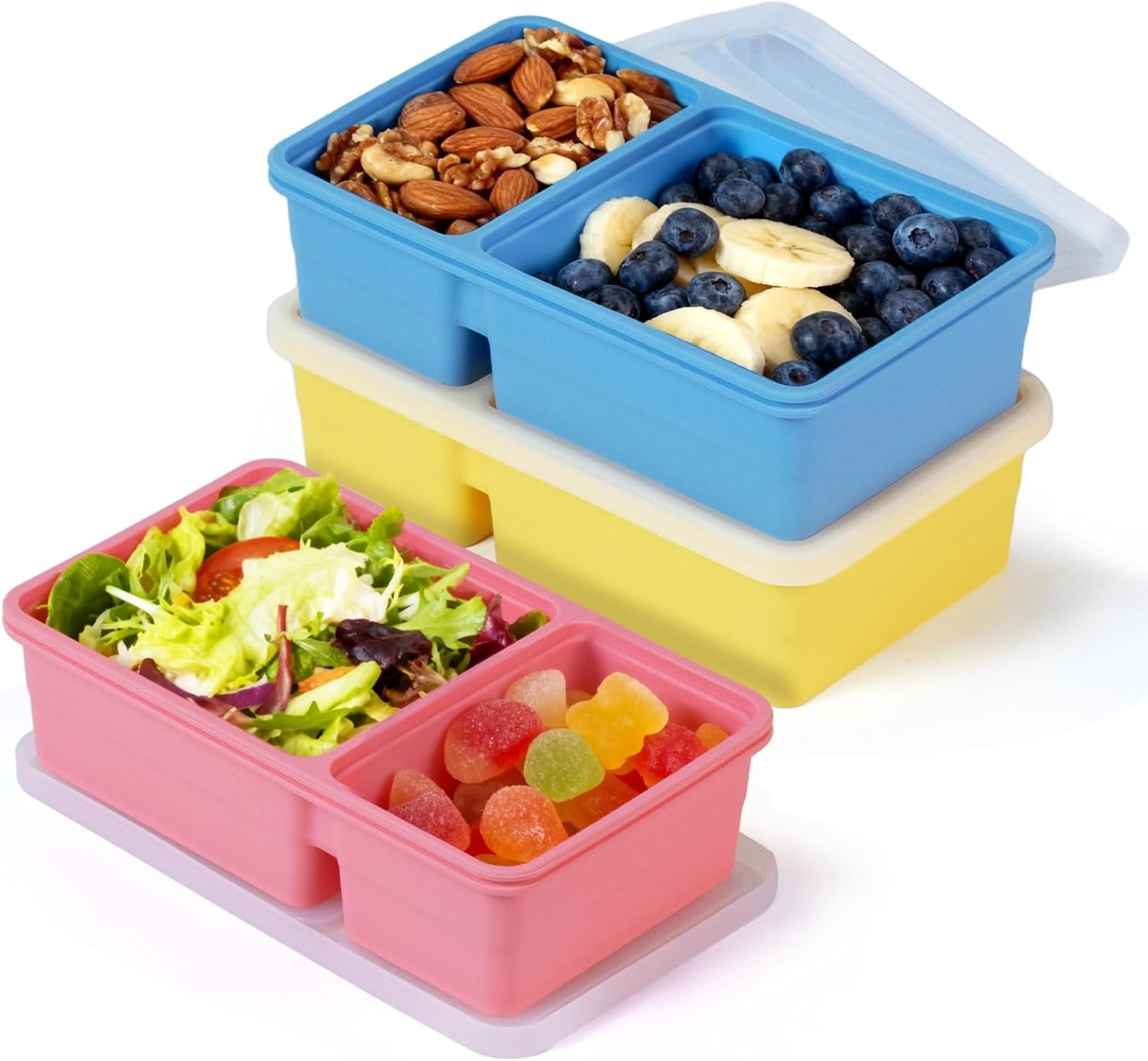3 Pack Silicone Snack Containers with Lids, 12 oz Double Compartment Reusable Snack Bento Box for Kids , Leakproof Food Storage Boxes for Sauce, Fruit, Snacks, School, Office, Picnic, Easy to Clean