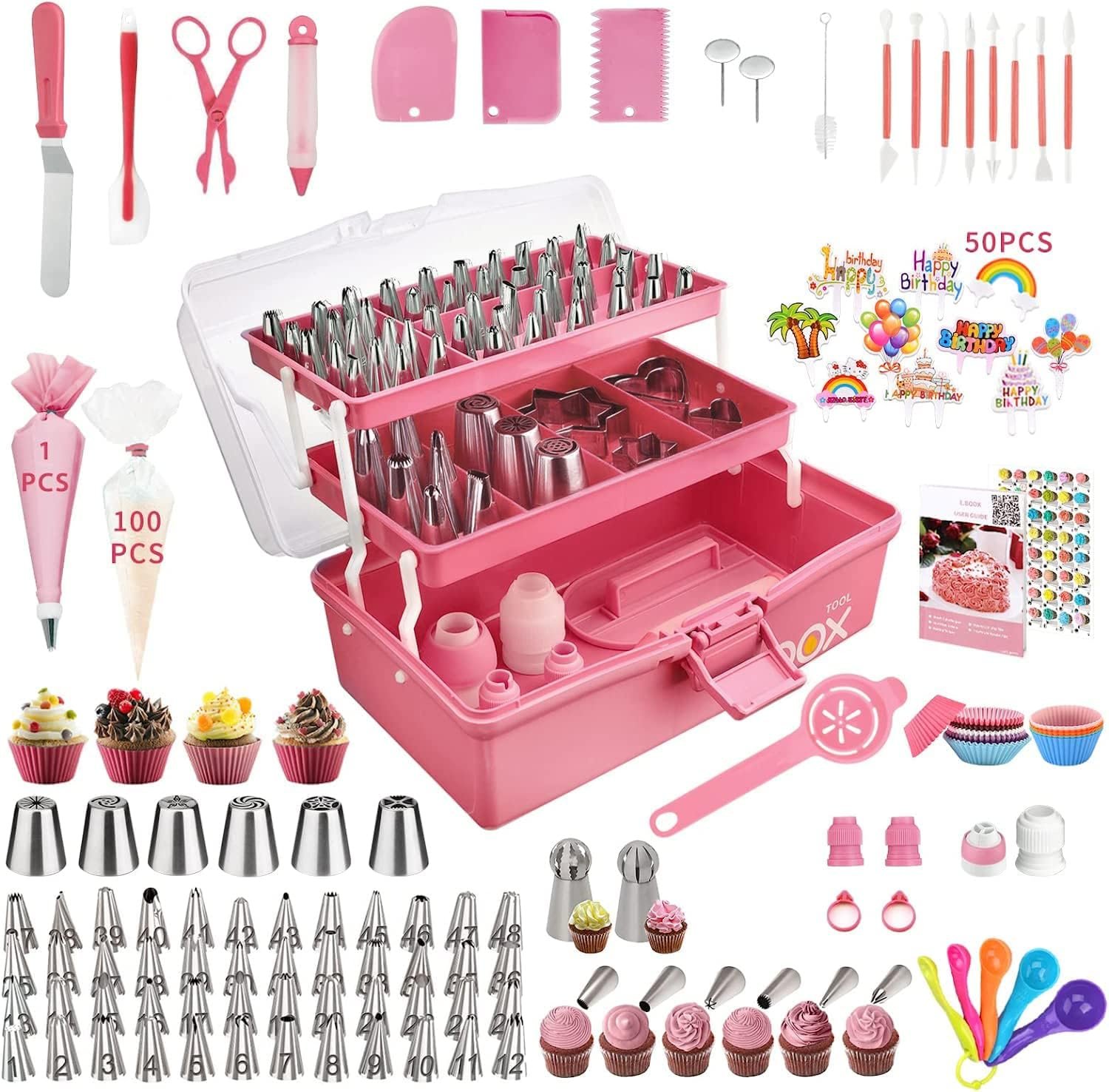 Cake Decorating Supplies Tools Kit: 358pcs Baking Accessories with Storage Case – Piping Bags and Icing Tips Set – Cupcake Cookie Frosting Fondant Bakery Set for Adults Beginners or Professional, Pink