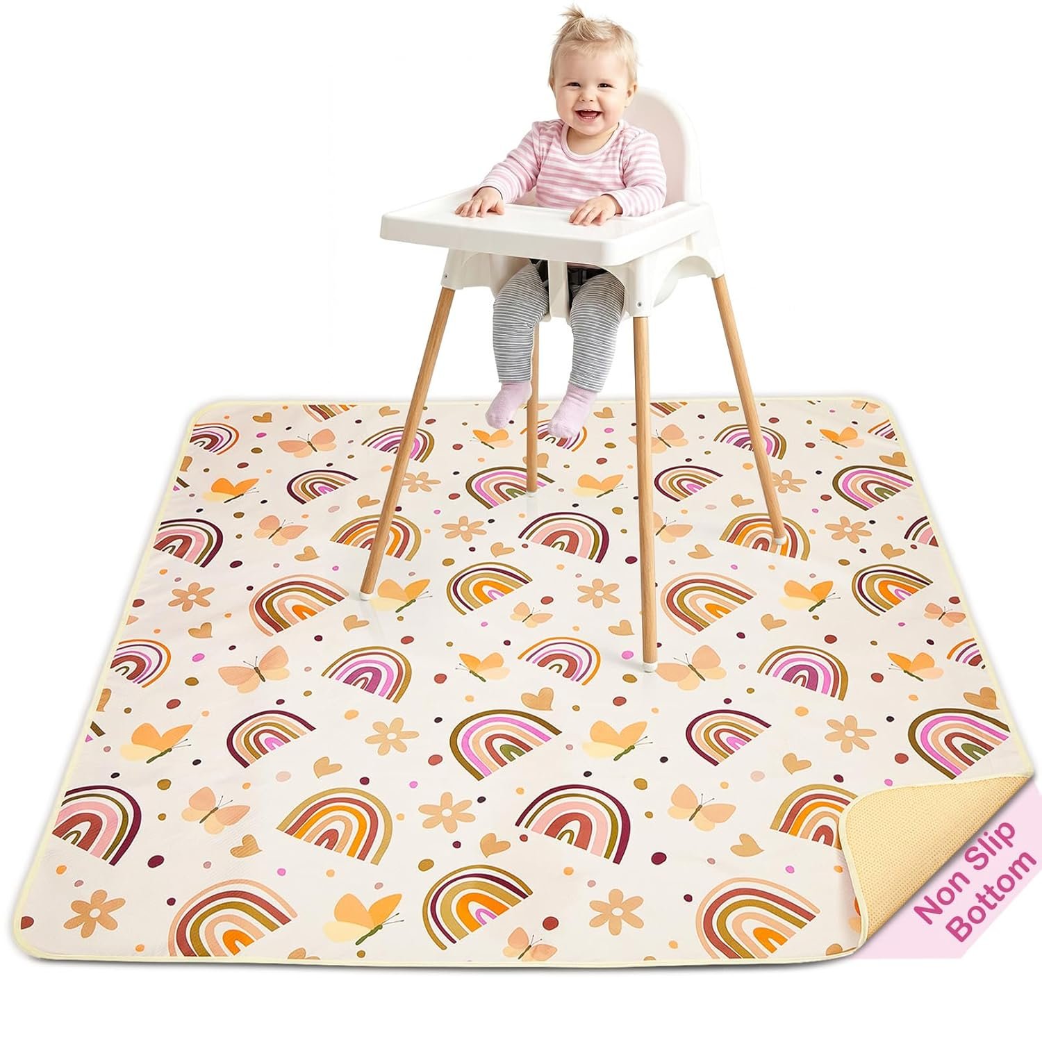 Basumee Splat Mat High Chair Mat Waterproof Baby Play Splat Mat for Under High Chair Food Catcher Highchair Mat for Floor Non Slip Bottom, Brown Rainbow, 46×42 Inches