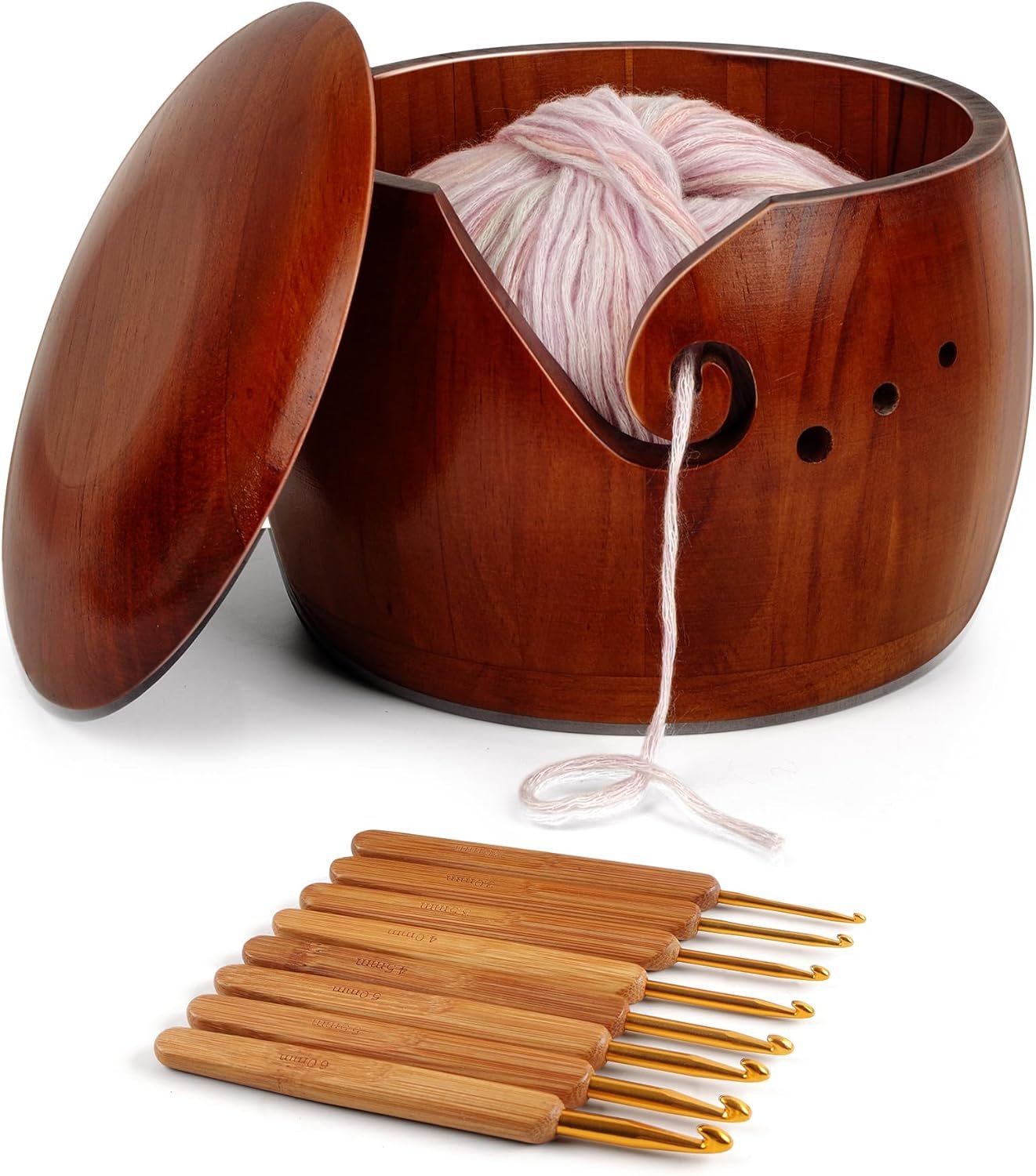 Wooden Yarn Bowl with Lid, 7.9x 5.3inch Large Yarn Holder for Crocheting with 8pcs Metal Crochet Hooks