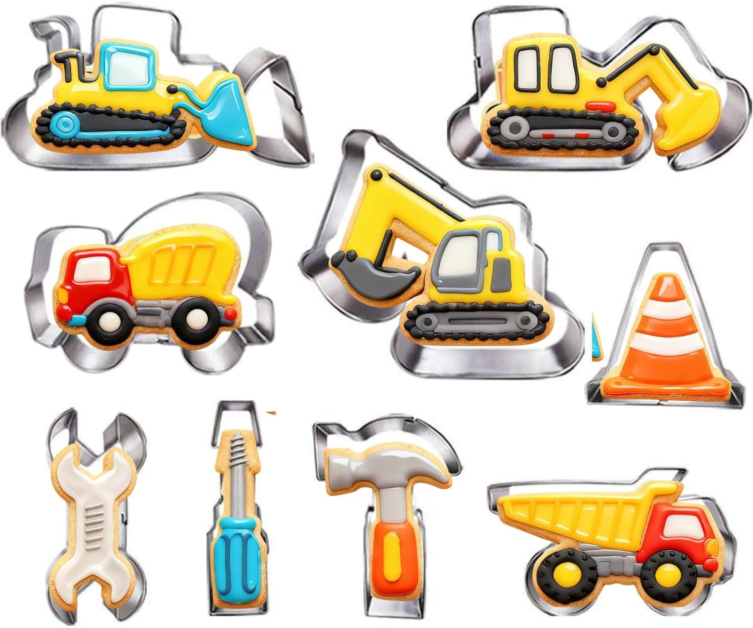 Construction Cookie Cutter Set-3 Inches-9 Piece- Excavator Digger Bulldozer Dump Truck Hammer Wrench Construction Tools Cutters Molds for Kids Construction Themed Party