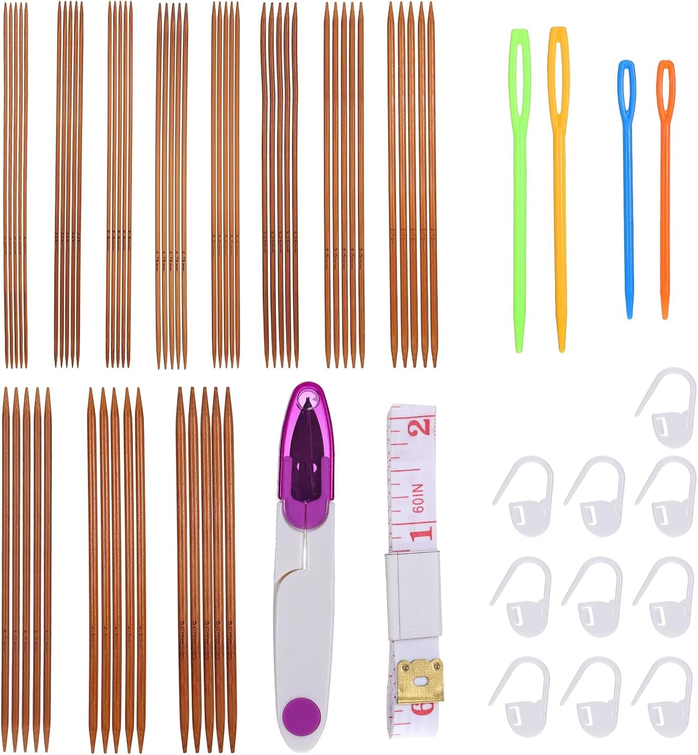 55 Pcs Double Pointed Knitting Needles Bamboo Wooden Knitting Needles for Socks Wooden Crochet Locking Stitch Markers for Beginners Handmade Sweater Scarf Weave DIY Lover, 20cm/7.9in (2.0-5.0mm)