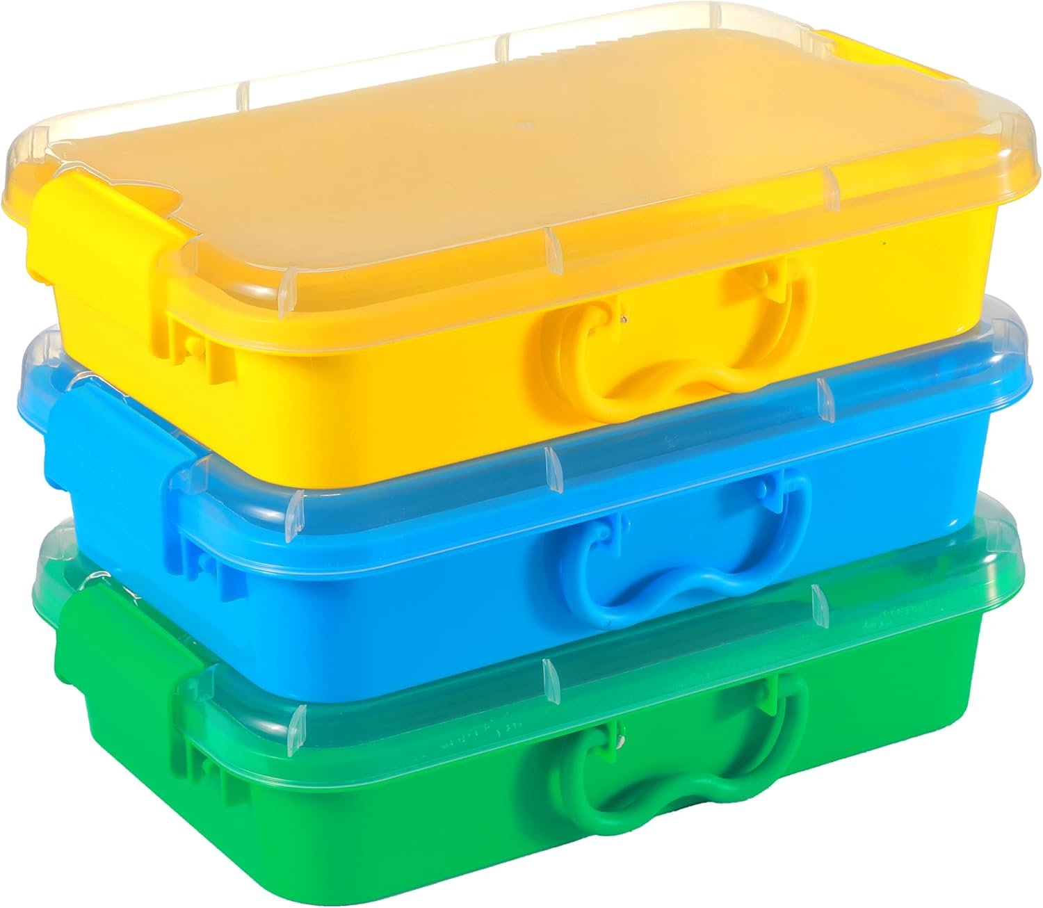 Carolart 3 Pack Small Storage Bins with Lids, 12.8 x 8.5 x 3 Inch Stackable Plastic Organizer Boxes with Handles for Toys, Classroom Supplies, Crafts, Puzzles, Art Materials and Sensory Play
