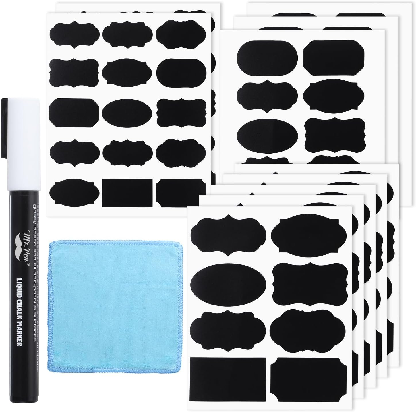Mr. Pen- Chalkboard Labels, 100 pcs, Assorted Shapes, Waterproof Reusable Blackboard Stickers with 1 Erasable Liquid Chalk Marker for Mason Jars, Food Containers and Pantry Storage