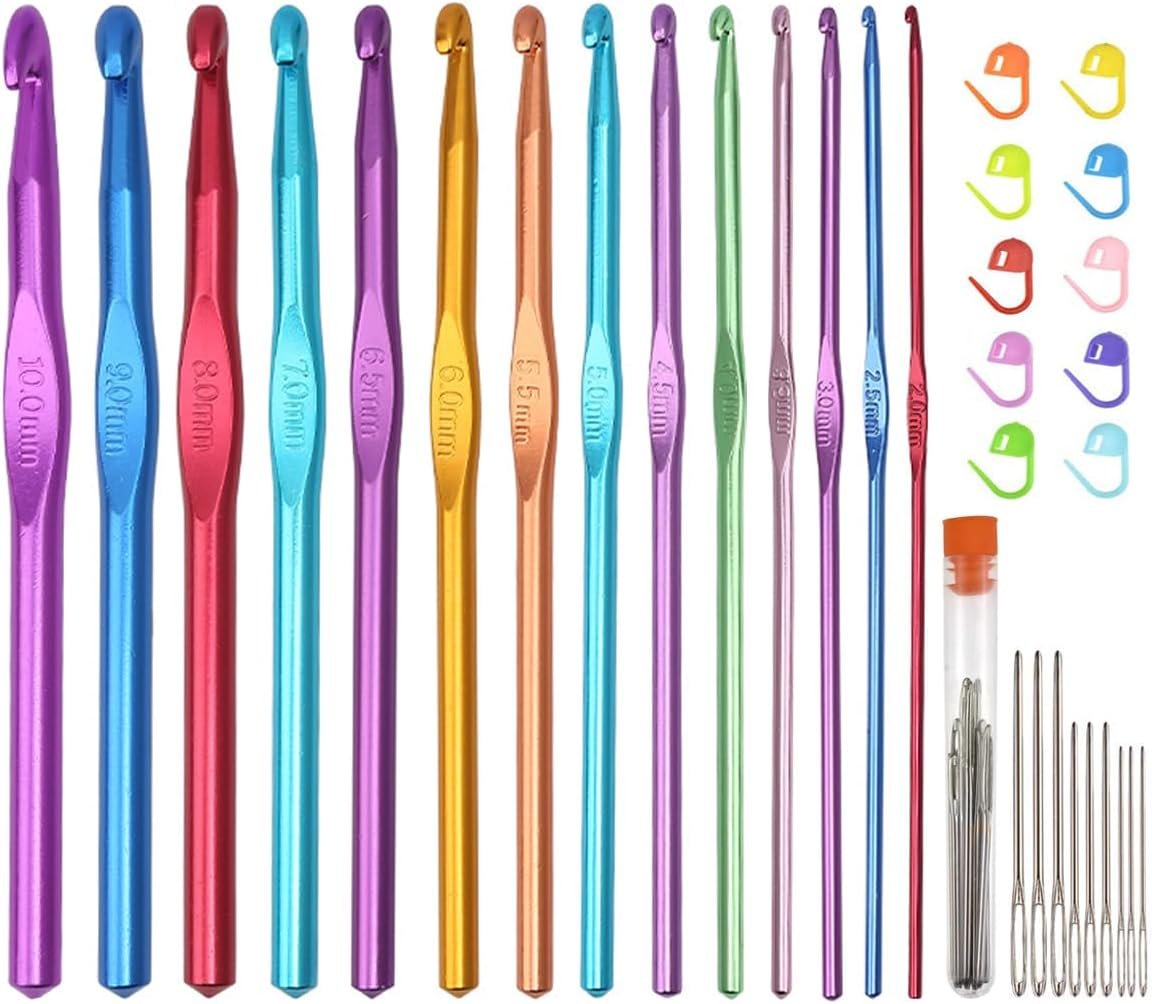 Latest Multicolor 14PCS Aluminum Crochet Hooks Set for Crocheting,with Stitch Markers and Large-Eye Blunt Needles 2.0mm/2.5mm/3mm/3.5mm/4mm/4.5mm/5mm/5.5mm/6mm/6.5mm/7mm/8mm/9mm/10mm
