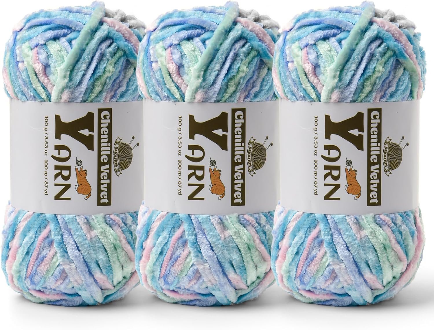 3 Pack Plush Chenille Chunky Yarn – Fluffy Velvet Yarn Crochet for Blanket Knitting and Crocheting – Soft Baby Yarns for Crocheting – Amigurumi Crochet Yarns 100g (87yds) (3 Candyfloss)