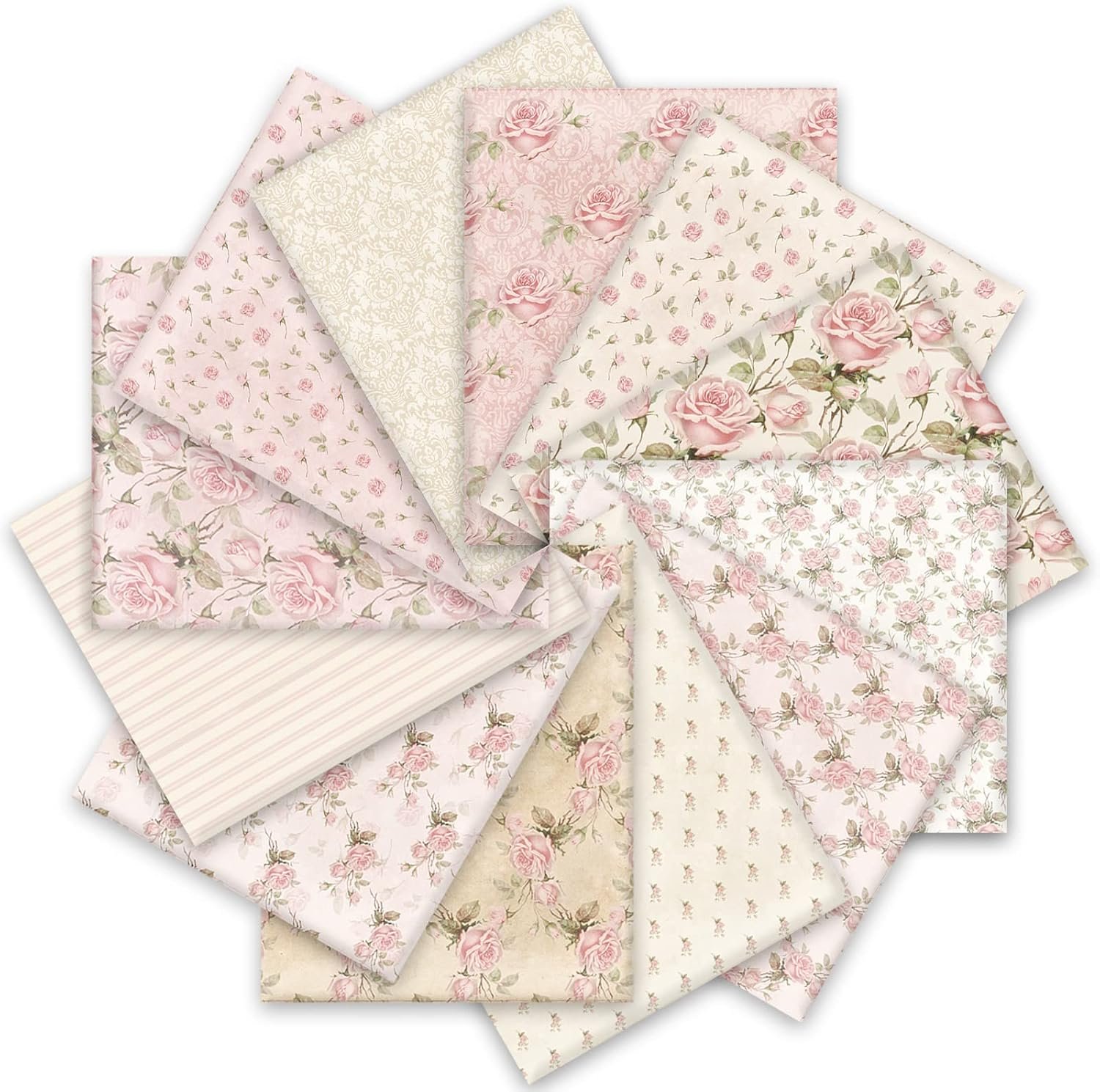 Whaline 12Pcs Spring Cotton Fabric Bundles 18 x 22 Inch Retro Floral Printed Fat Quarters Pink Flower Quilting Patchwork Squares Sewing Fabrics for DIY Handmade Crafting Home Party Decor