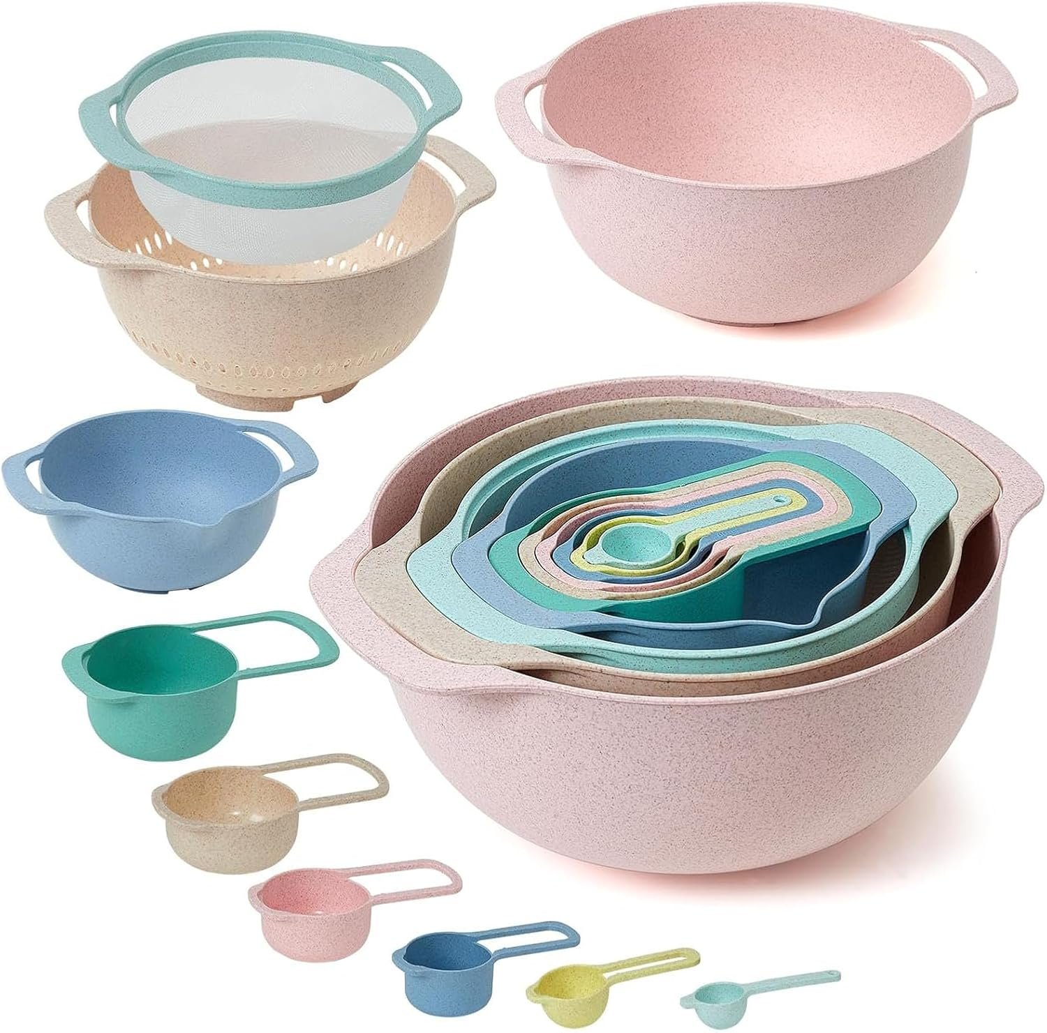 Plastic Mixing Bowls Set 8/10 PCS with Measuring Spoon, Colorful Serving Bowls for Kitchen, Ideal for Baking, Prepping, Nesting Bowls for Space Saving Storage (Wheat)