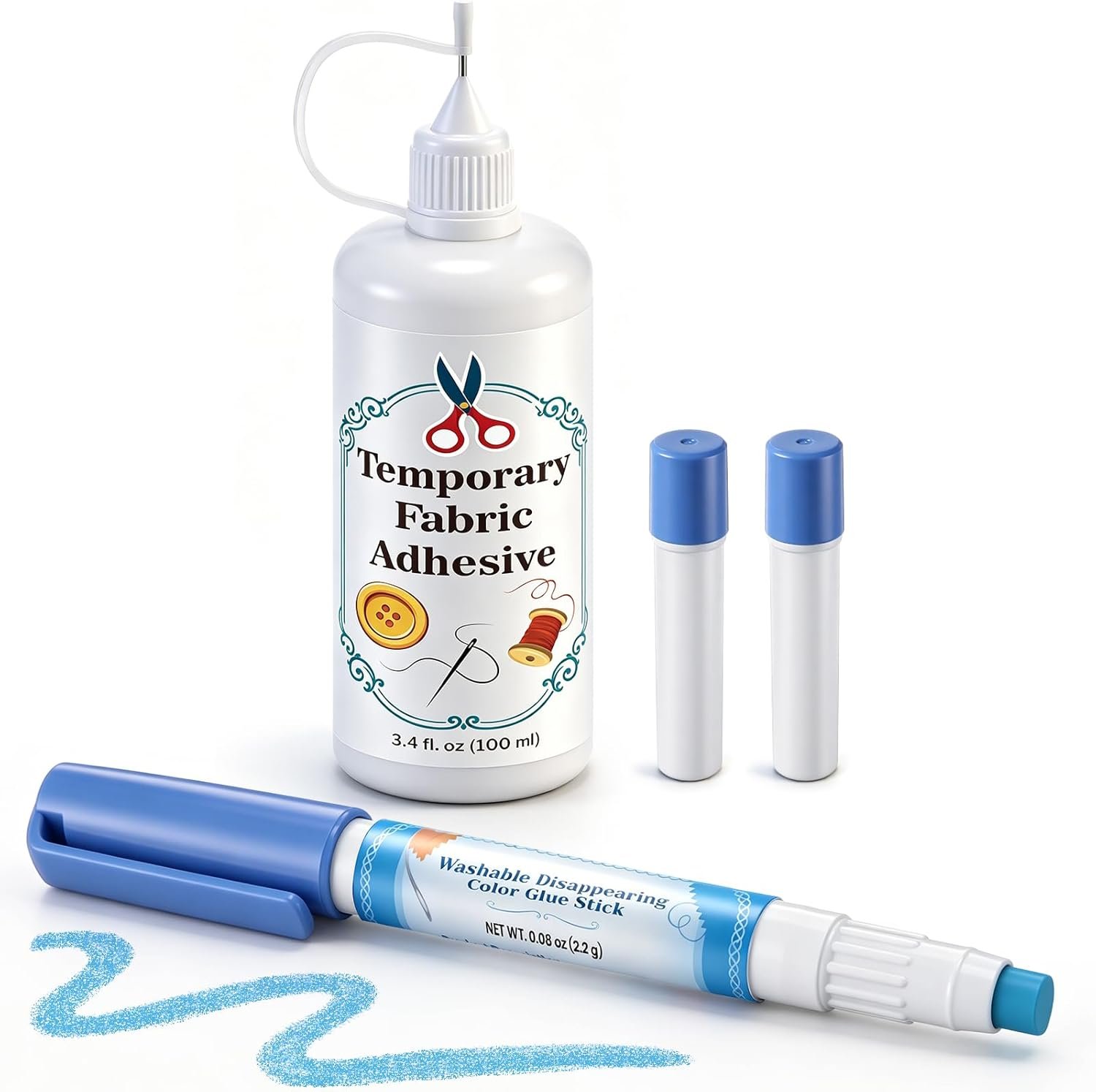 Temporary Fabric Glue Kit, 3.4oz Water Soluble Sewing Adhesive with Disappearing Blue Glue Pen and 2 Refills for Quilting, EPP, Applique, Patchwork and Fabric Basting