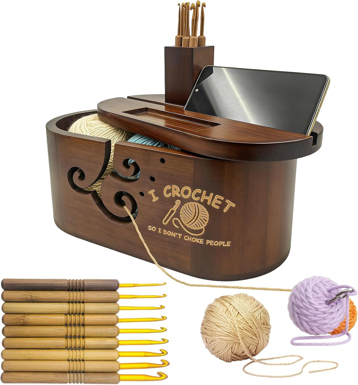 Oval Yarn Bowl Set with Lid, Crochet Yarn Holder with 9PCS Knitting Hooks, Large Wooden Yarn Storage with Phone Stand, Three Curling Slot Crochet Yarn Bowl Gift for Crocheters