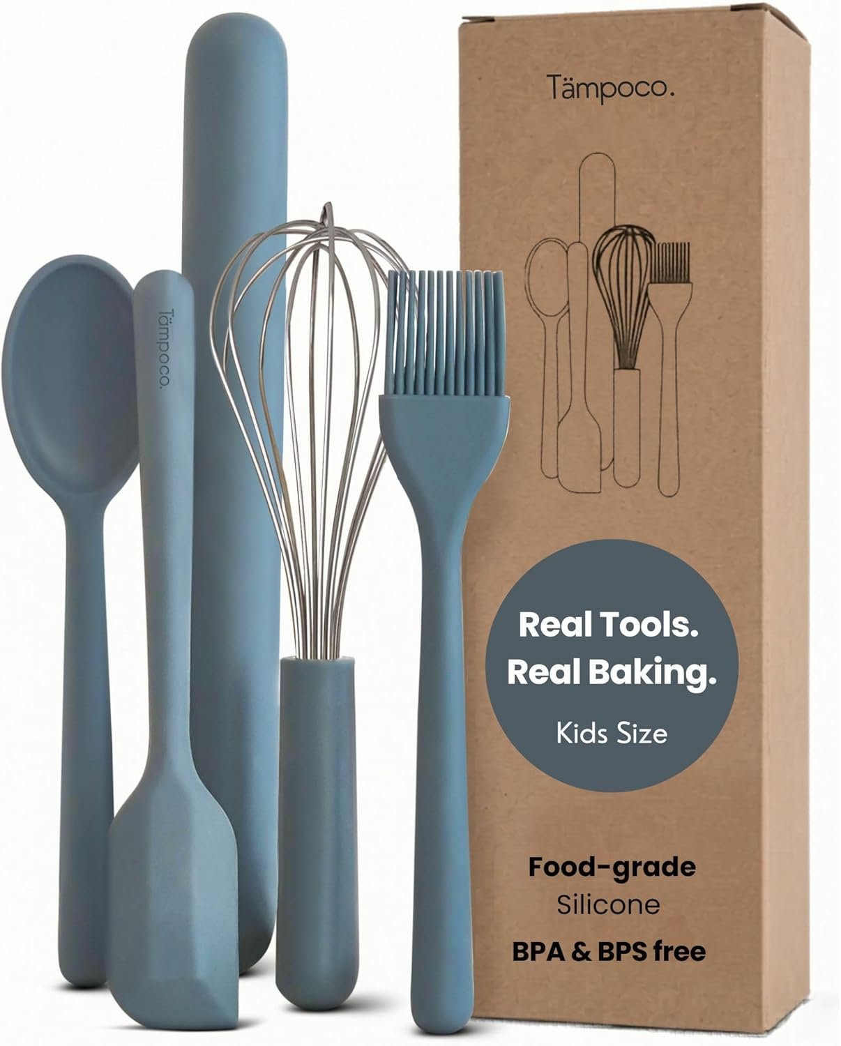 Tampoco Real Kids Cooking & Baking Set – Montessori Kitchen Tools for Real Cooking with Food-Safe Silicone Utensils – Functional & Fun Gift for Young Chefs