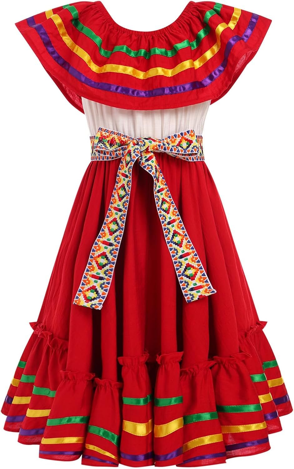 Kids Girls Cinco De Mayo Fiesta Mexican Traditional Folk Ruffle Drape Dress with Belt
