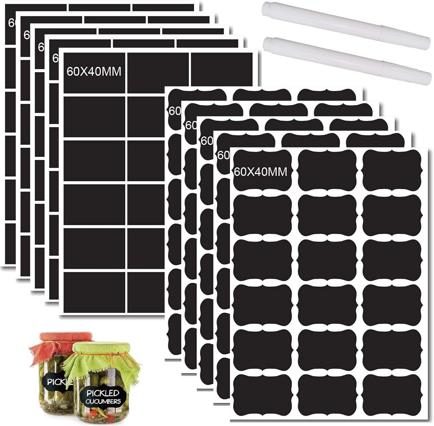Chalkboard Labels for Food containers, 180 Pcs Label Stickers with 2 White Liquid Chalk Markers, Waterproof Reusable Bottle Labels for Jars, Storage Bins