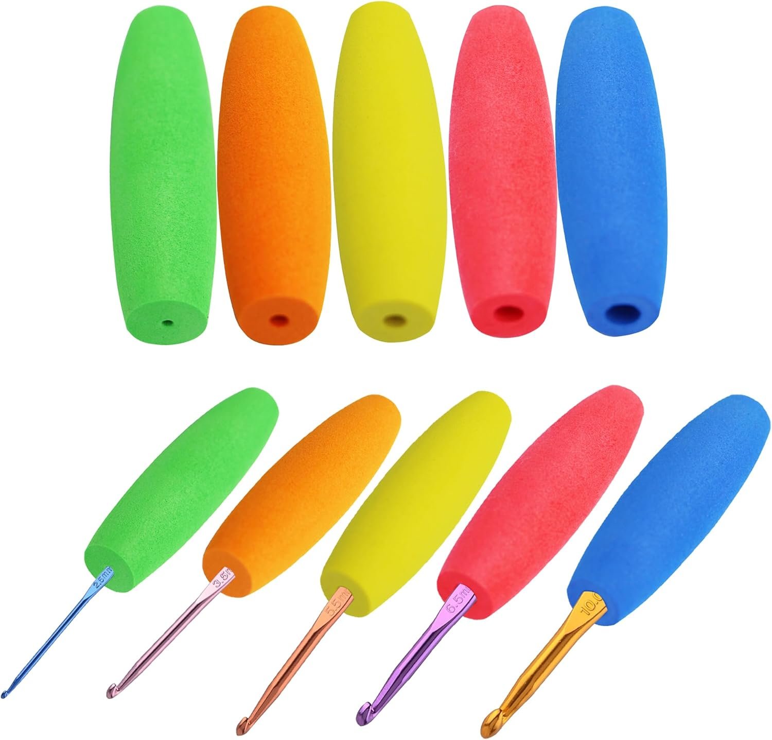 MEYAGO 5PCS Crochet Hook Grips Set Ergonomic Crochet Hook Handle Multi-Size Ergonomic Crochet Hook Handle Attachment – Fits 2mm to 10mm Hooks