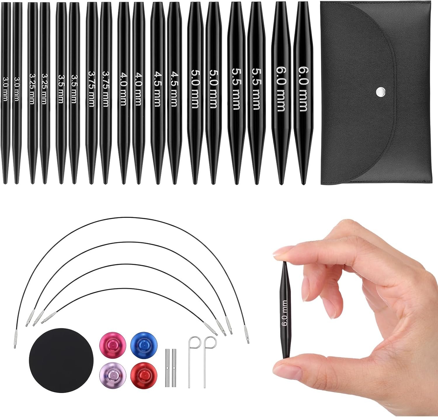 Guclud Interchangeable Circular Knitting Needle Set, 2-Inch Shorties Knitting Needles for Short Sock Knitting, Sizes US 2.5, 3, 4, 5, 6, 7, 8, 9, 10 with Small Cables, Accessories and Case, 9-Pairs