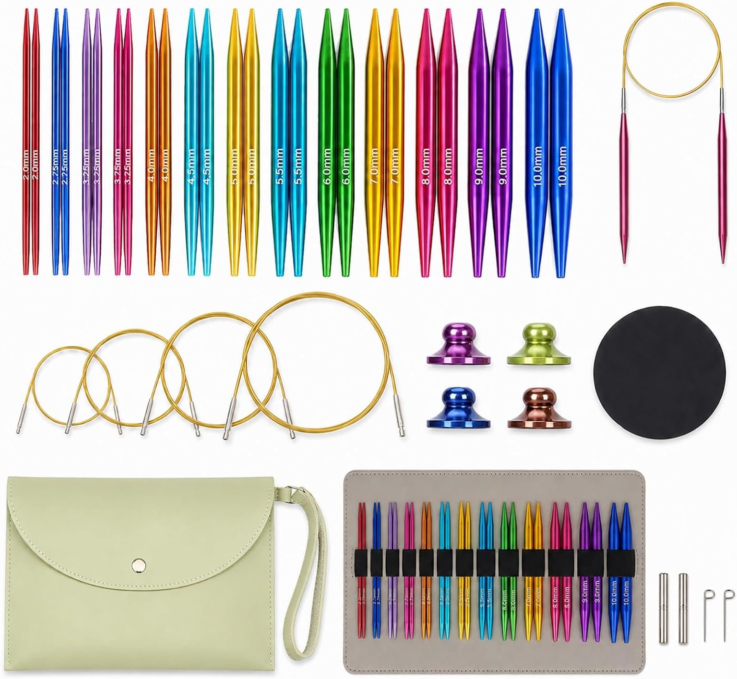 13 Pairs Aluminum Interchangeable Circular Knitting Needles Set, Size 3mm to 10mm, Smooth and Durable, for All Knitting Projects (Assorted Colors)