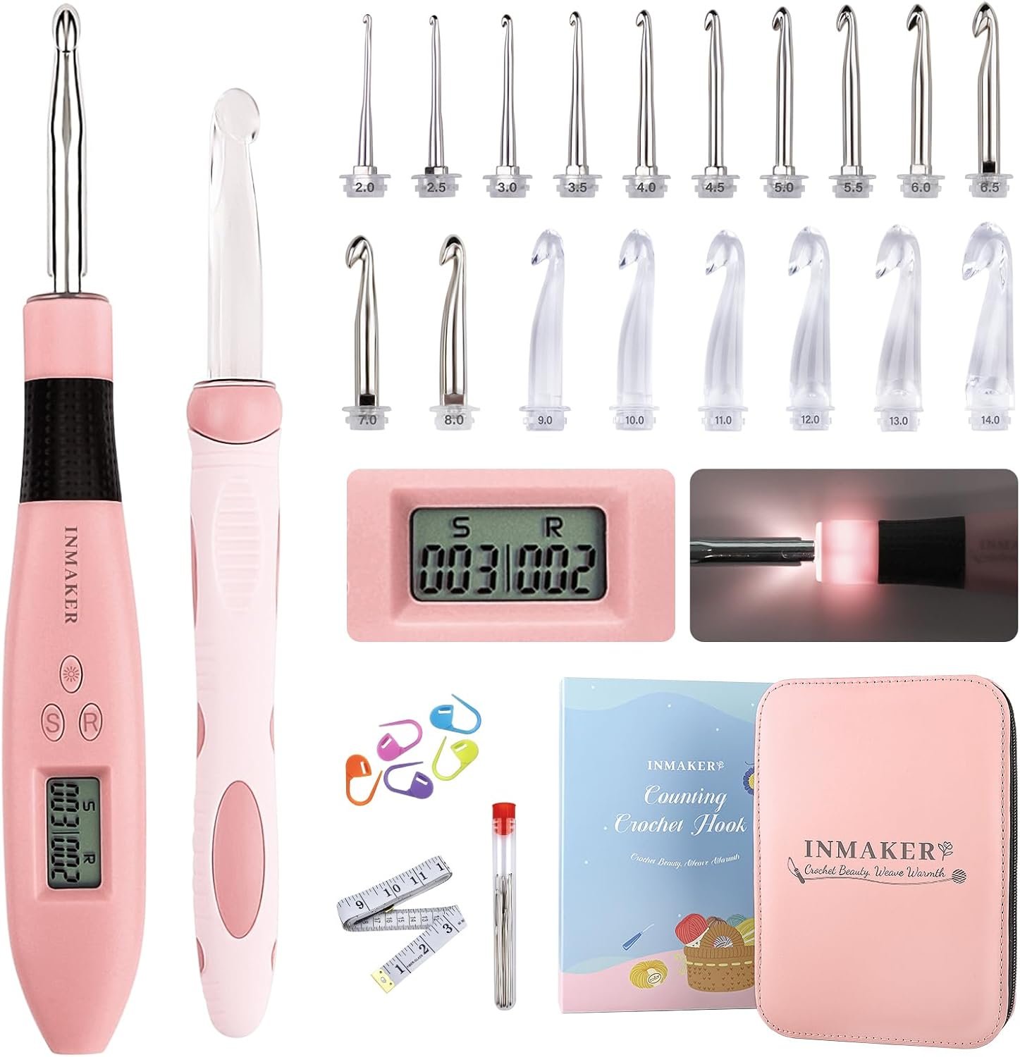 INMAKER Light up Crochet Hook Set, 18in1 Lighted Crochet Hook with Counter, Crochet Needles Gifts for Beginners, Arthritic Hands(2.0-14.0mm)