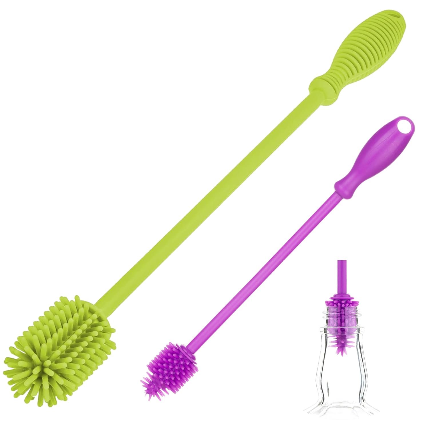 A-Brush Silicone Bottle Cleaner Brush, 2 Piece Set, Flexible, Long Handle – Water Bottle Cleaner, Baby Bottle Nipple Brush for Plastic & Glass, BPA-Free Dish Washing Brush A2S Protection