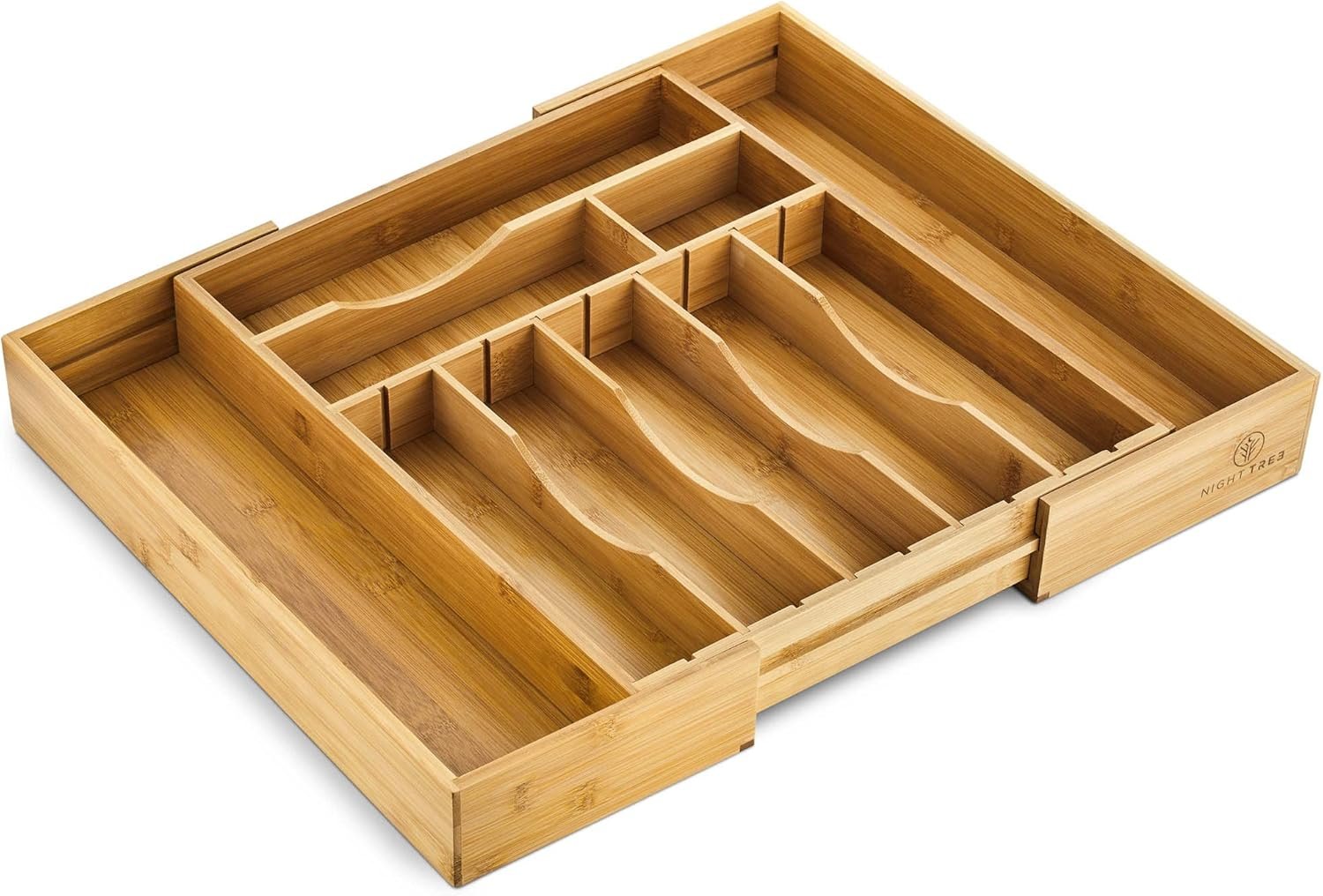 Night Tree 2.5” Extra Deep Silverware Drawer Organizer with Adjustable Dividers – Expandable Bamboo Flatware Tray for Kitchen, Reinforced Wood Cutlery Holder (14″-21.6″ Wide)