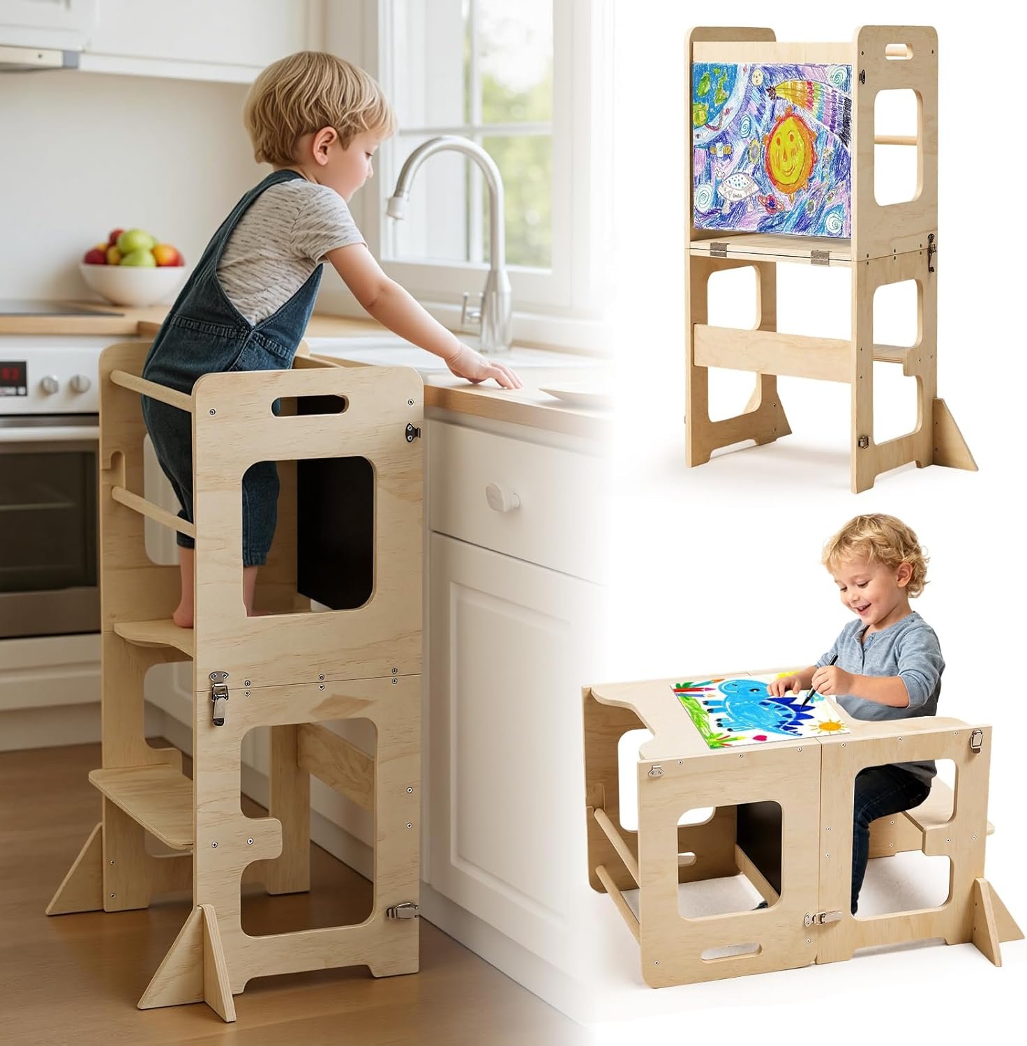 labebe Toddler Standing Tower for 12M+, Montessori Foldable Learning Standing Tower with Blackboard, Anti-tip Structure Design,Wooden Kitchen Step Helper Stool for 1-3 Year Old Boy Girl Gift