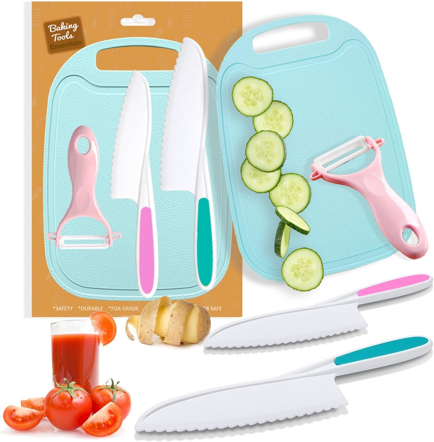 4 Pieces Kids Knife Set for Real Cooking, Toddler Knife Set with Ceramic Peeler for Kitchen, Kids Cutting Board and Safe Plastic Knives for Cutting Cakes, Fruit, Veggies & Bread