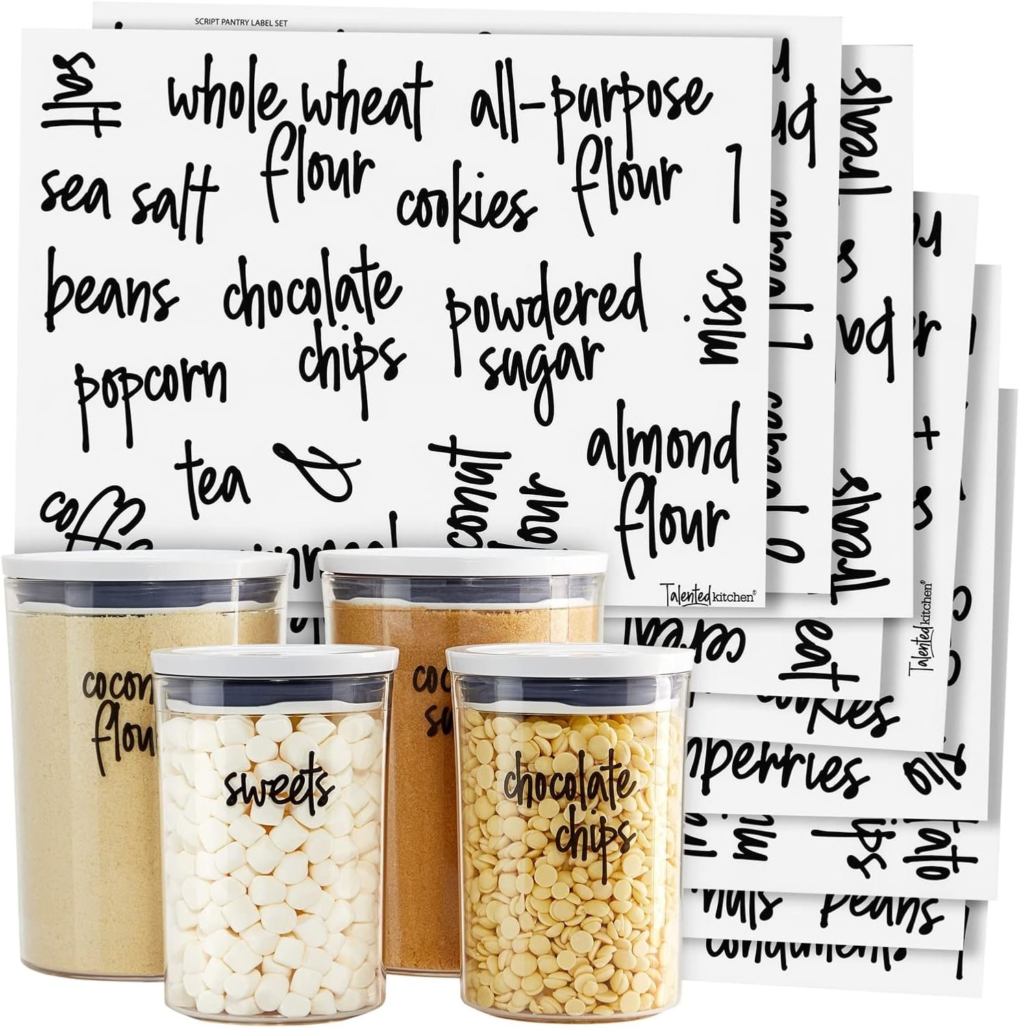 Talented Kitchen Pantry Labels for Food Containers – 157-Piece, Black Script Vinyl – Jar & Bin Labels & Food Storage Organization Stickers