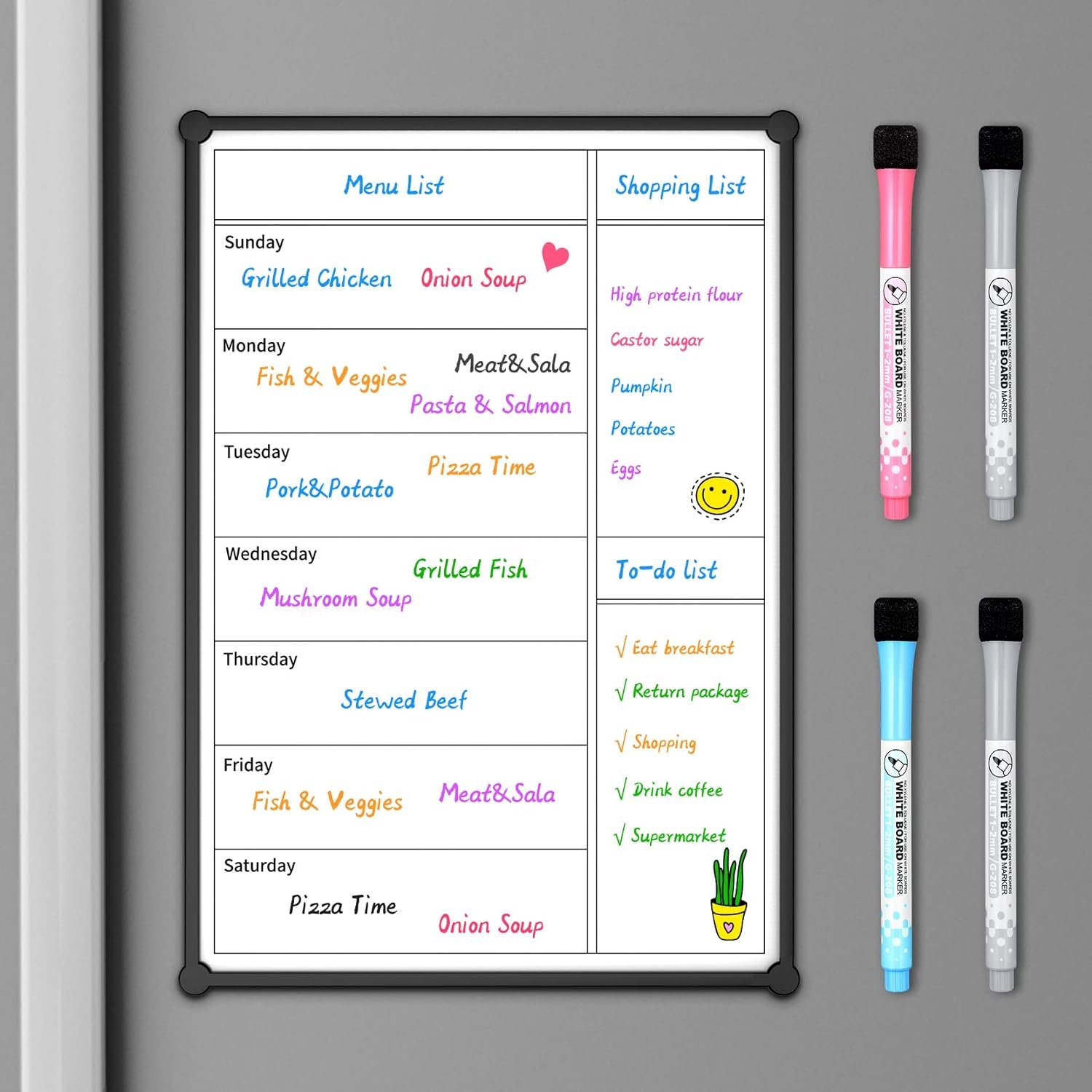 Weekly Calendar for Fridge,12×8” Magnetic Fridge Calendar Refrigerator Calendar, Weekly Meal Planner Magnetic, Menu Board, Double-Sided, Grocery List, Menu Planner for Refrigerator/Locker, 4 Markers
