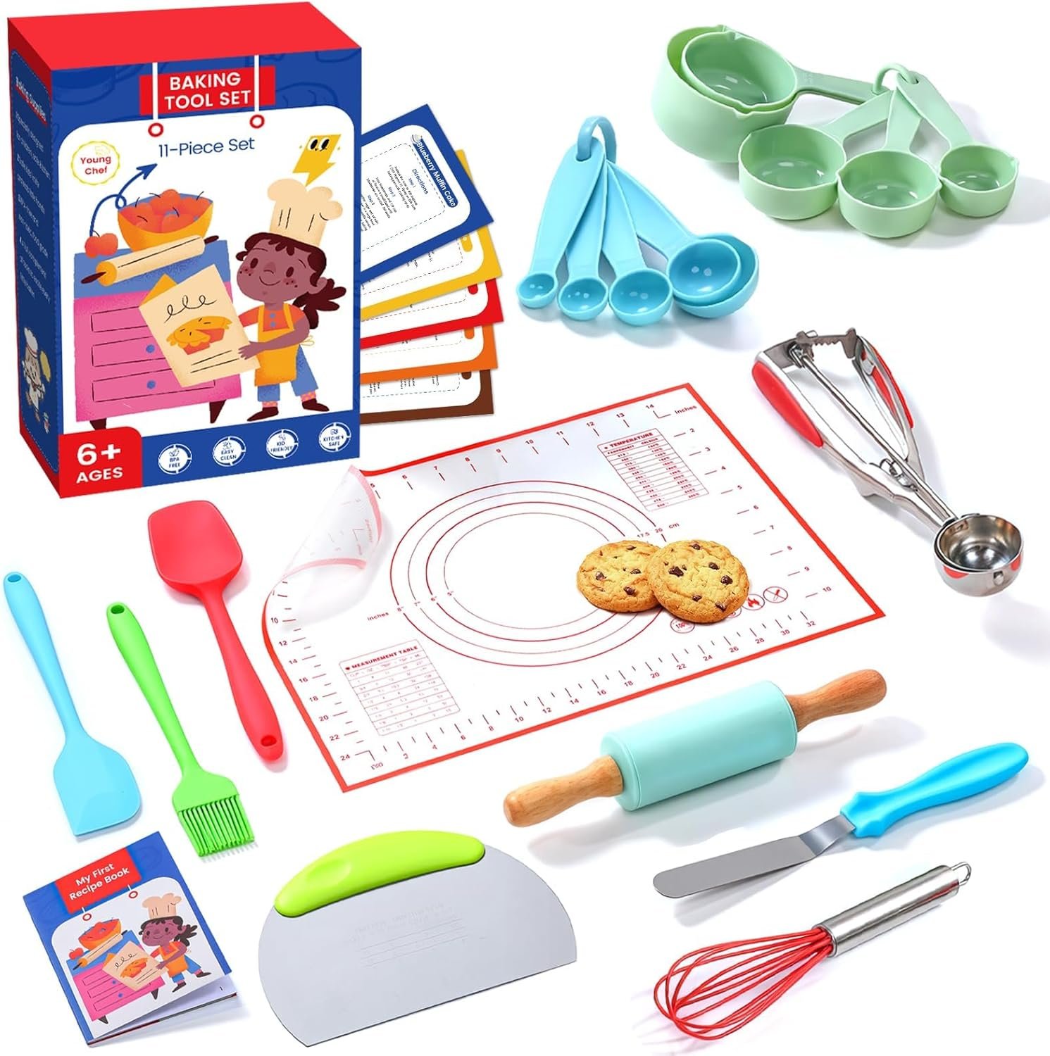 Vinino 11-Piece Kids Baking&Cooking Set – Real Baking Utensils with Cookbooks for Children, Toddler Safe Montessori Kitchen Accessories-Gift for Young Chefs Girls Boys Ages 6+