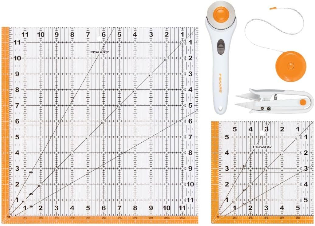 Fiskars Crafts Essentials 5-Piece Set – 45mm Blade Rotary Cutter for Fabric, Self Healing Cutting Mat, and Sewing Ruler – Craft Supplies – White/Gray