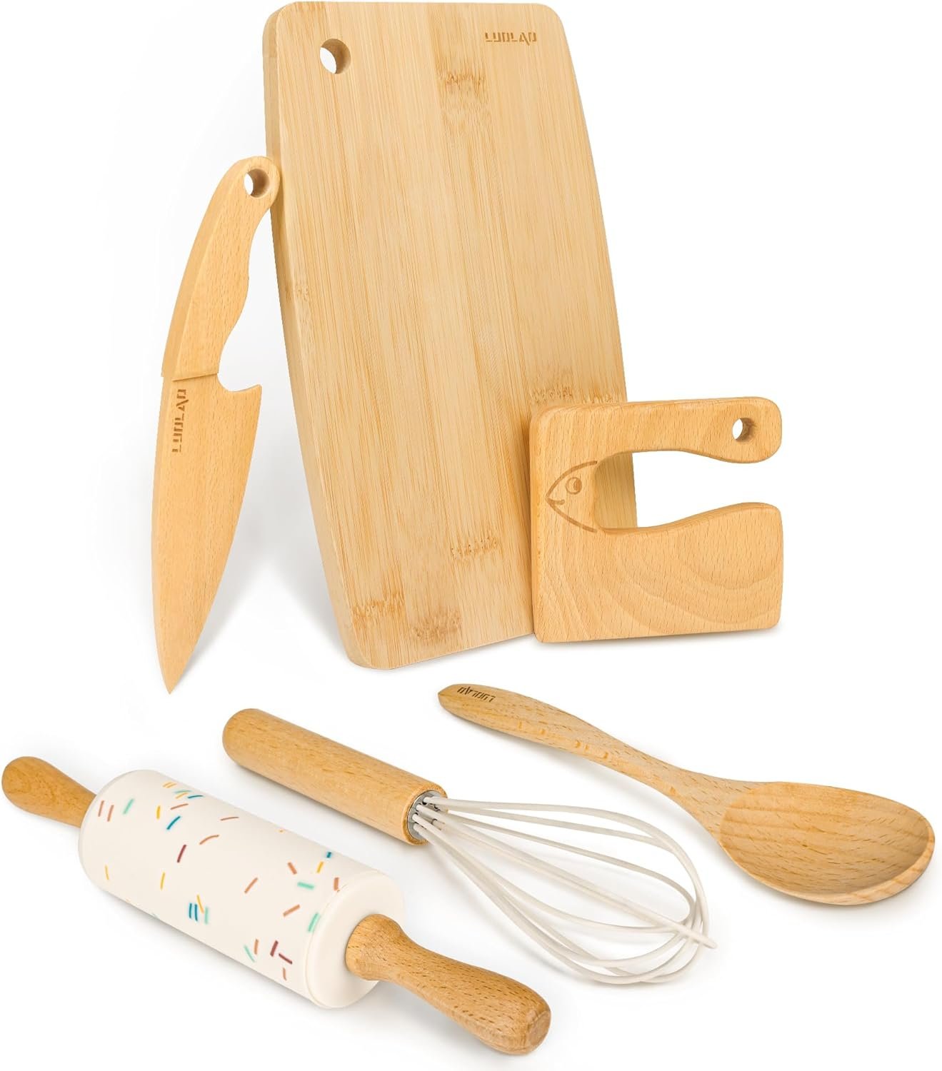 LUOLAO Wooden Kids Safe Knife and Kids Baking Set for Real Cooking, 6 PCS Toddler Montessori Kitchen Tools, Cooking and Baking for Little Chefs