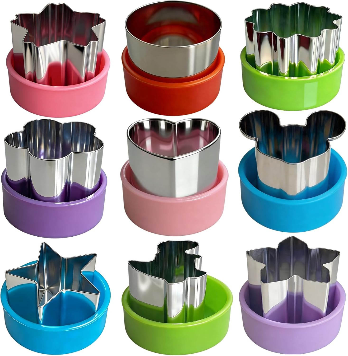 9 PCS 1.5 In Mini Cookie Cutters Set for Kids, Stainless Steel Small Sandwich Food Cutter Shapes, Fun Shaped Tiny Dinosaur Heart Star Circle Flower for Lunch, Fruit, Vegetable, Cheese, Clay