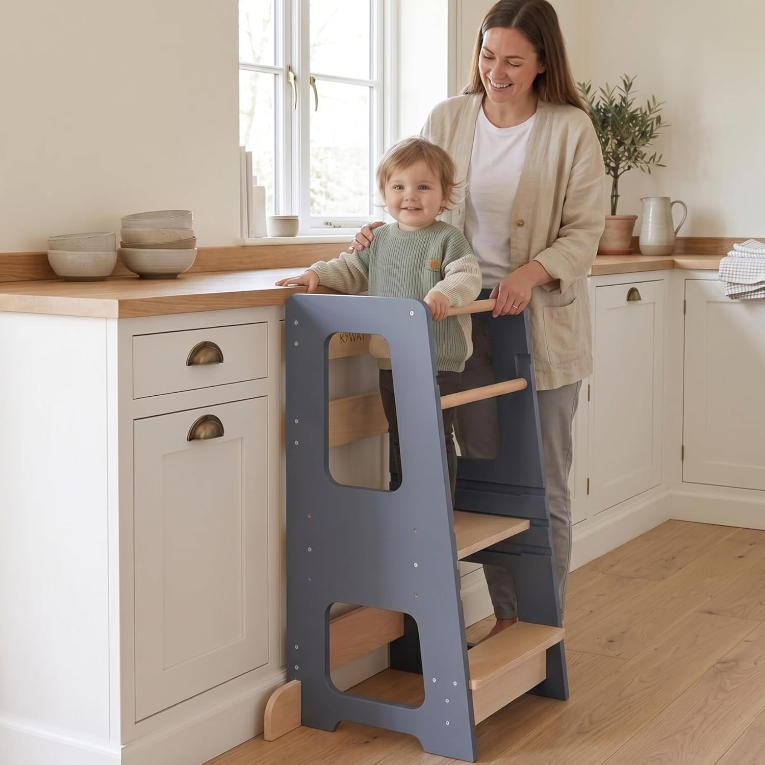Toddler Tower for Kids, Adjustable Wooden Standing Tower & Kitchen Step Stool, Anti-Tip Montessori Tower with Removable Safety Rails & Non-Slip Steps – Sustainable Reclaimed Wood (Gray)